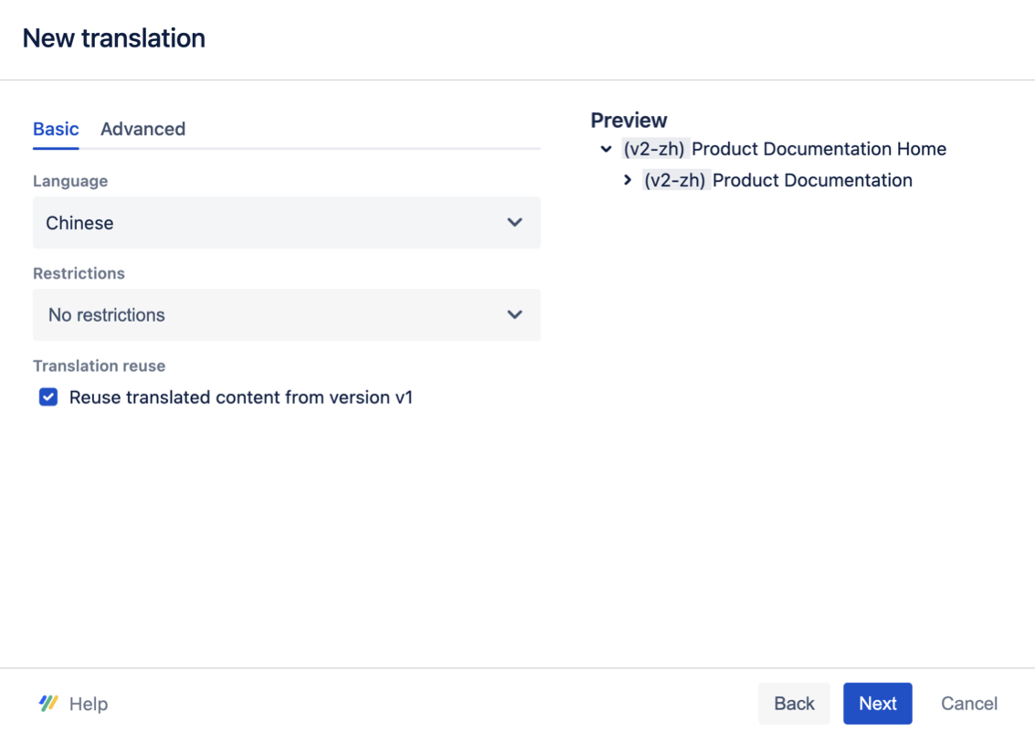 Check the box reuse translated content from v1 when creating a new translation