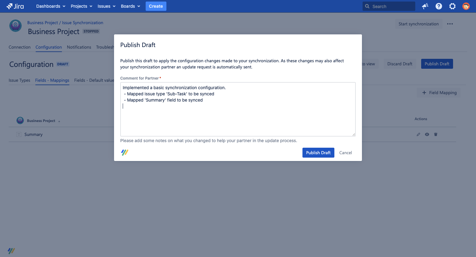 publish draft with a comment for the partner