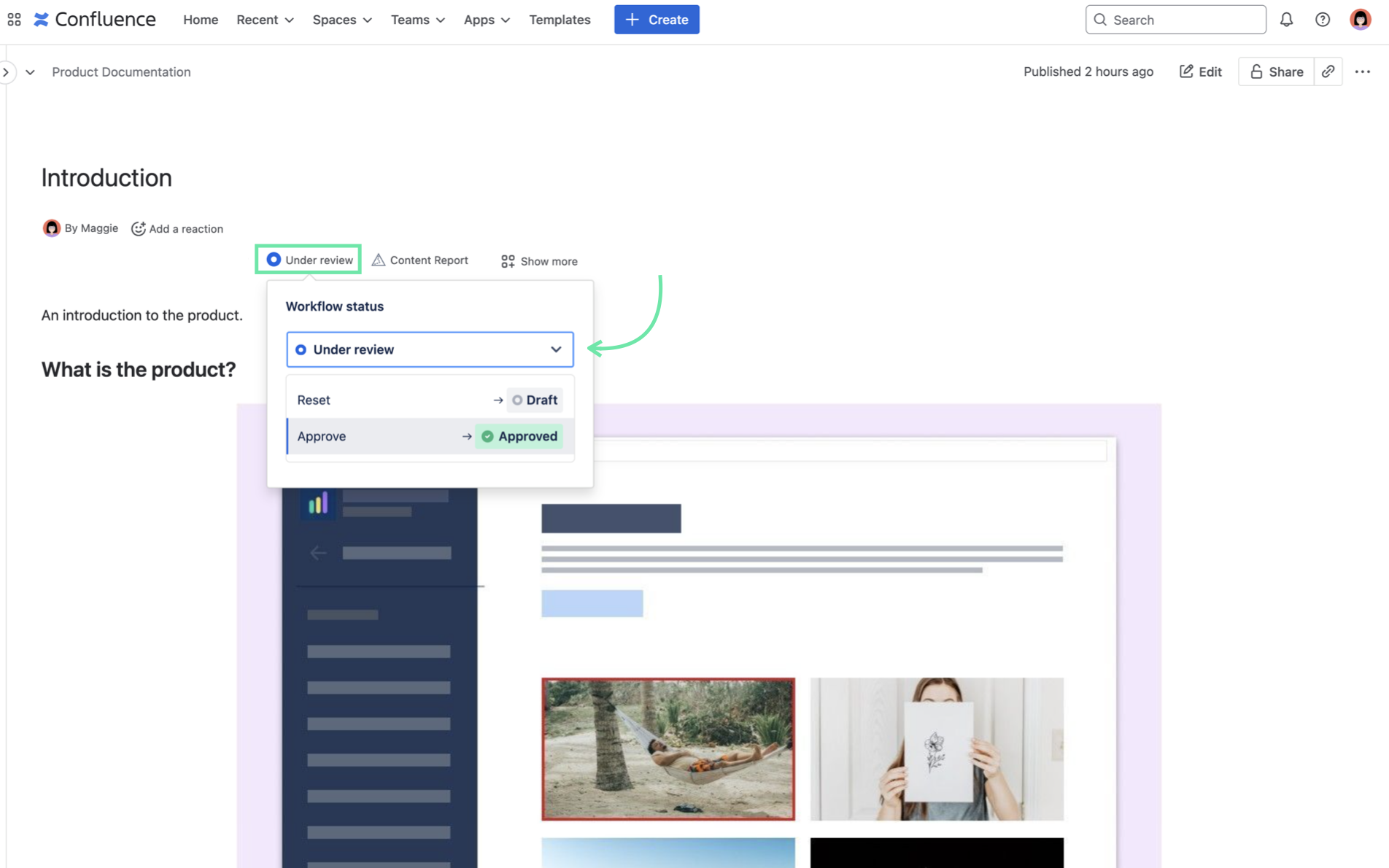 Workflow status in page byline indicating page is under review
