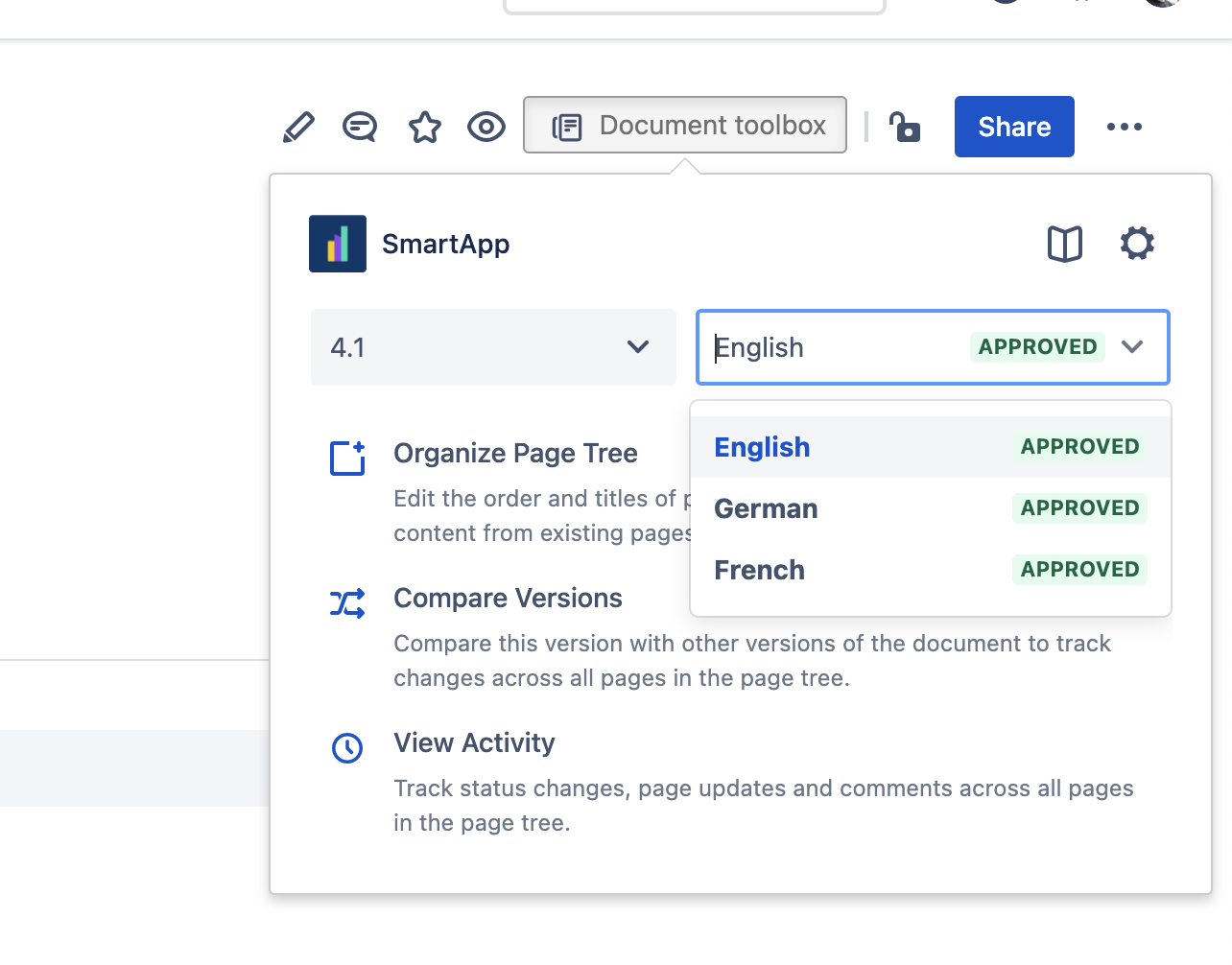 Language picker within Document toolbox expanded. English is the currently selected language.