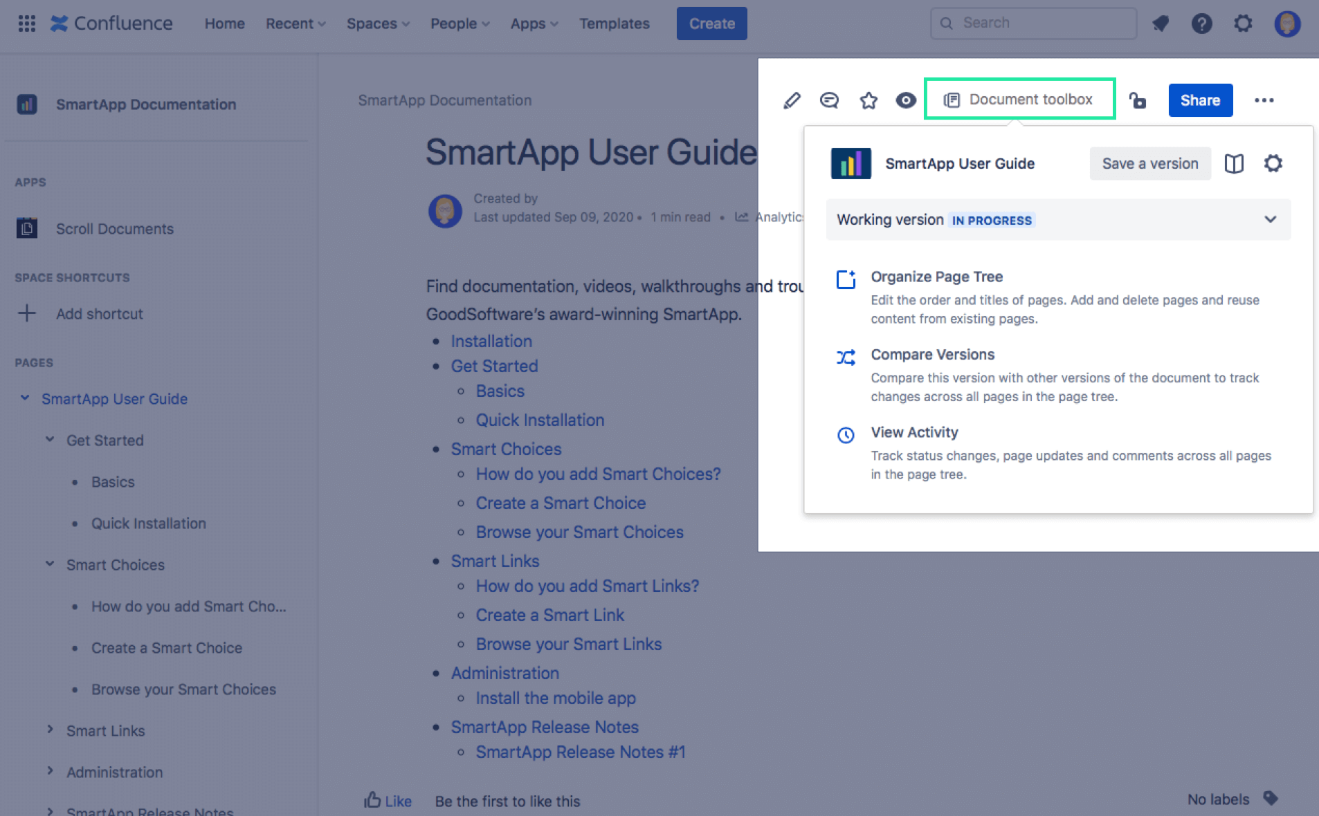 Document toolbox entry expanded