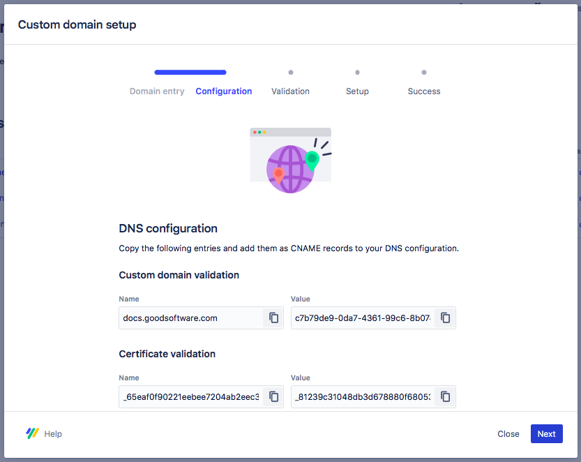 The second step of the custom domain setup process