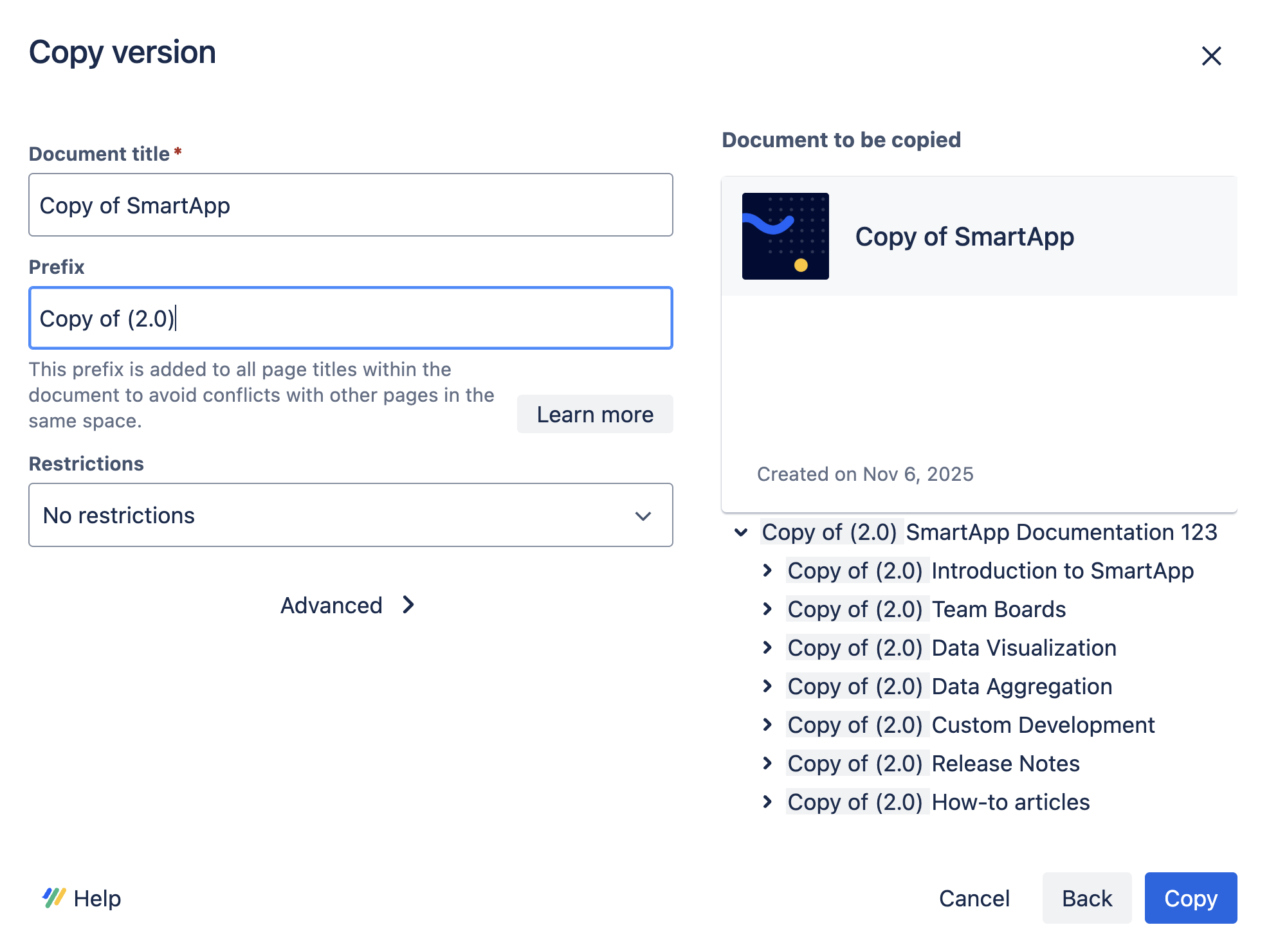 Last step in copy version dialog. Add document title, version prefix, and restrictions.