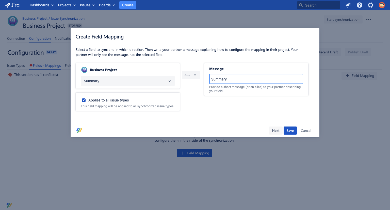 Add field mapping dialog primary side