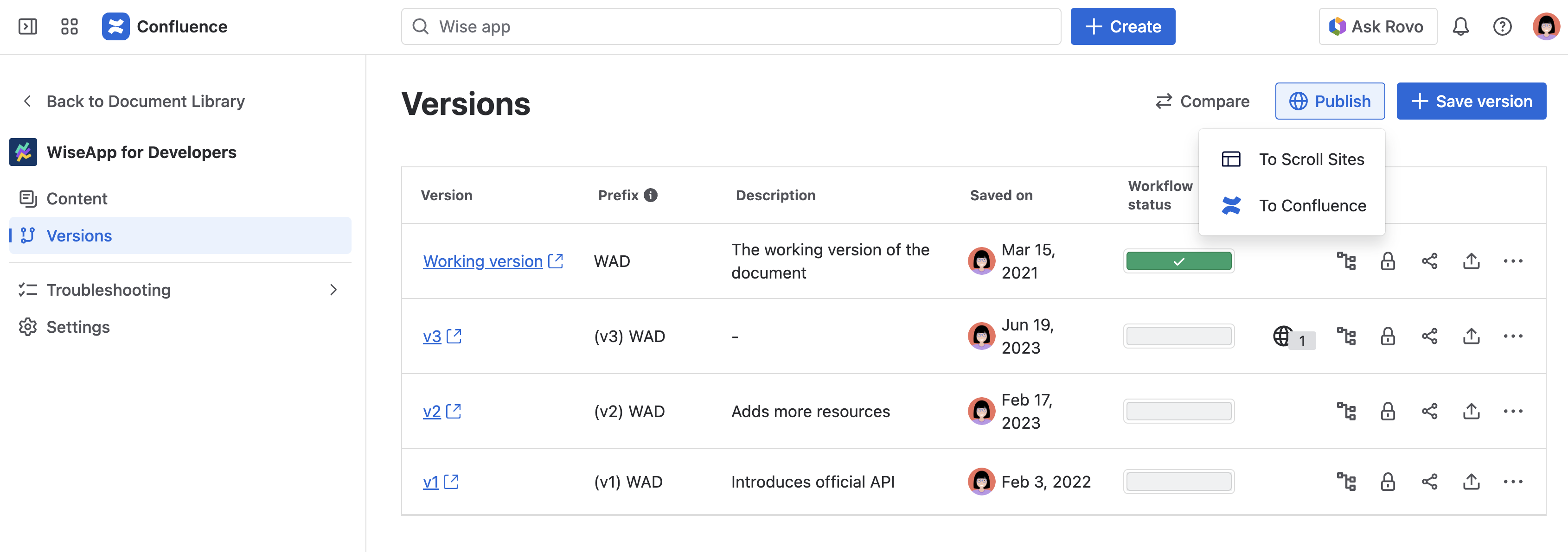 Document manager with publishing options showing, publish to Scroll Sites or to Confluence