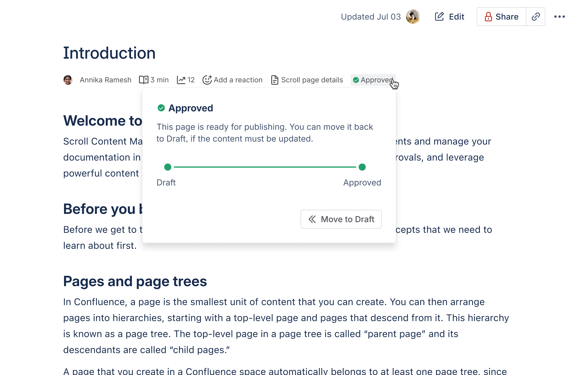 An expanded workflow status dropdown in Scroll Content Manager, listing the available status options