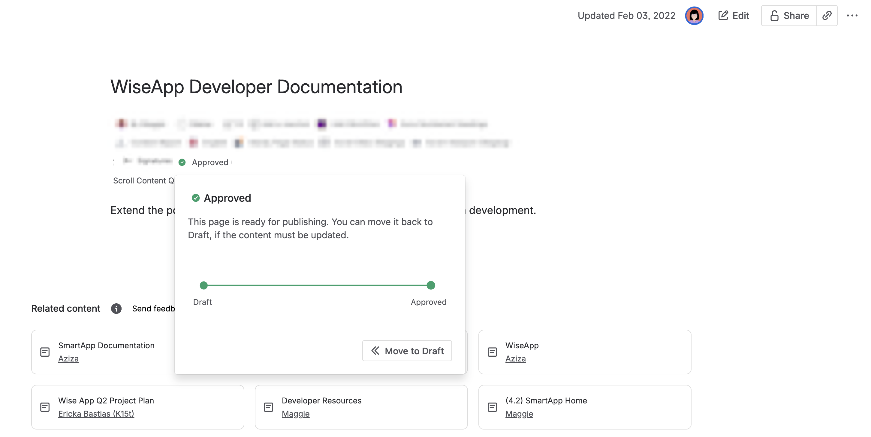 Workflow status on Confluence page expanded with status set to approved.