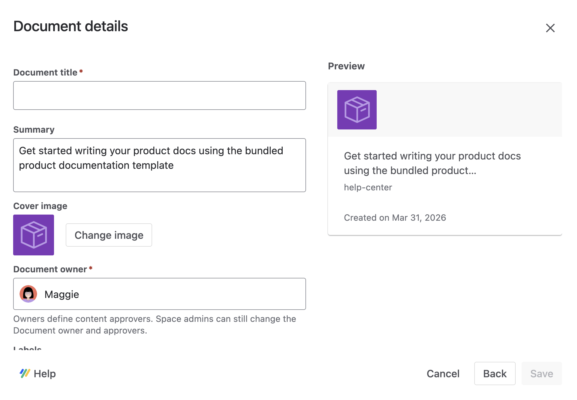 Document details screen for creating a new document, with fields for the document title, summary, owner, and labels.