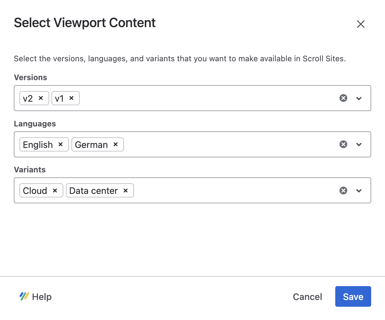 Dialog to select which version, variant, and language you want to publish to Scroll Sites