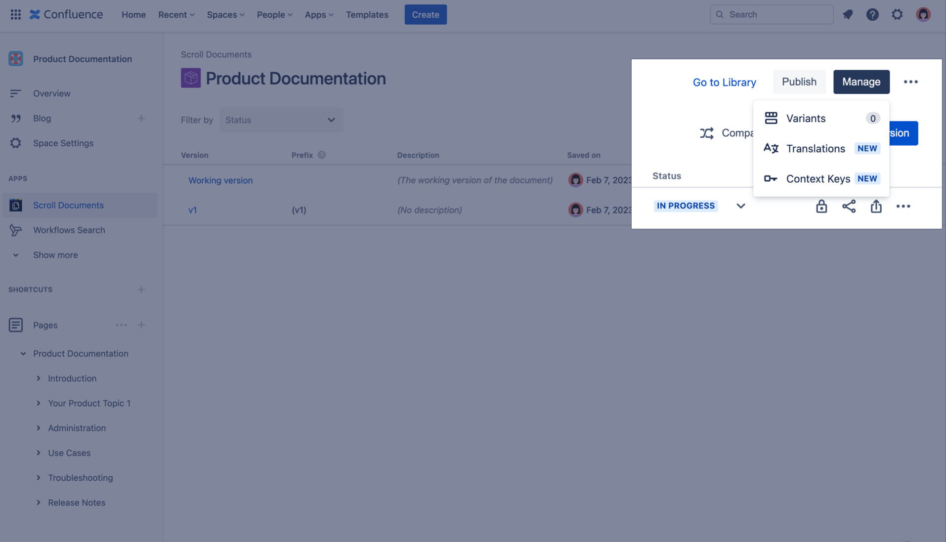 Document manager with Manage options expanded. Manage variants, translations and context keys.