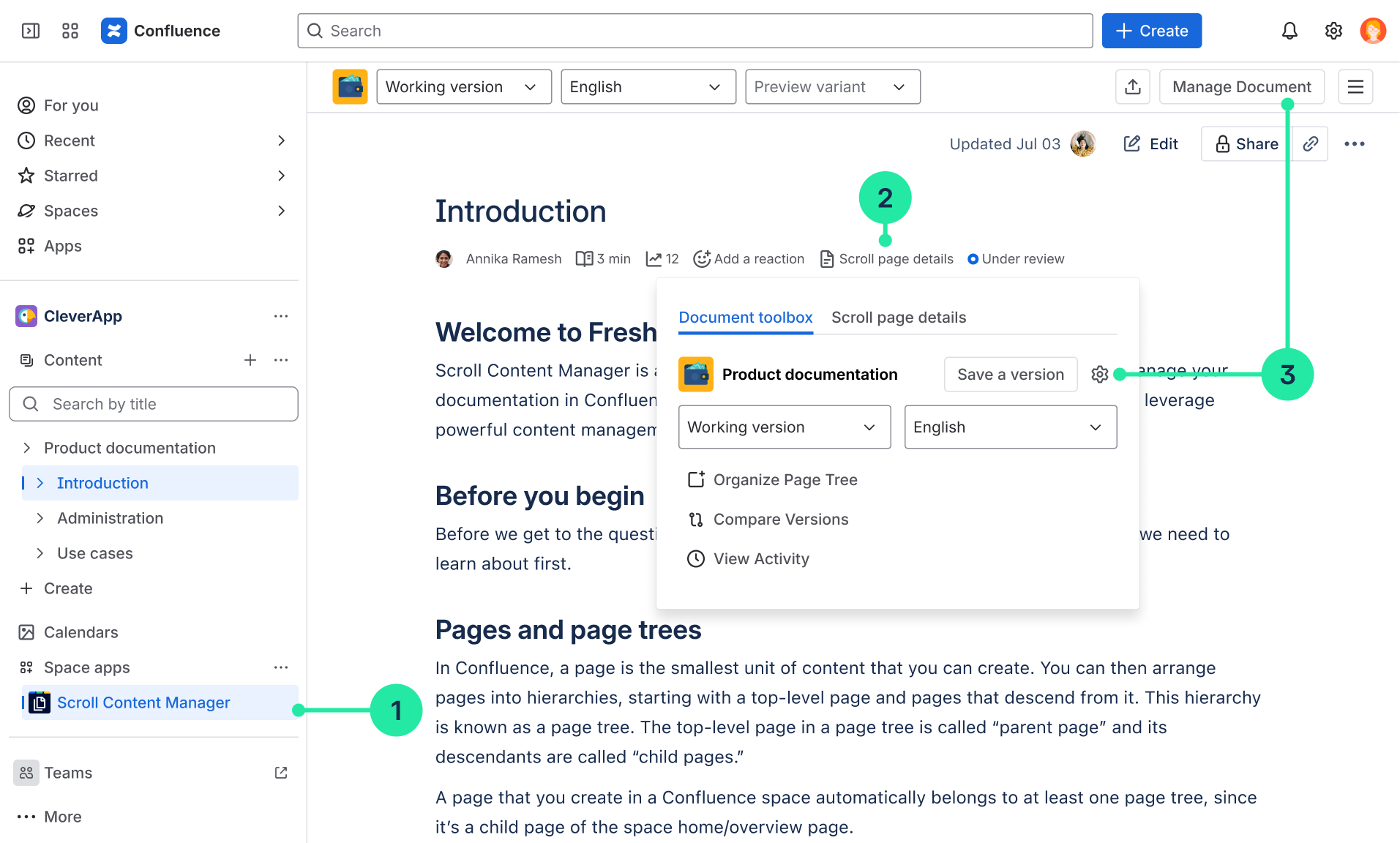 Callouts showing how to navigate to the Document Library and the Document Manager.