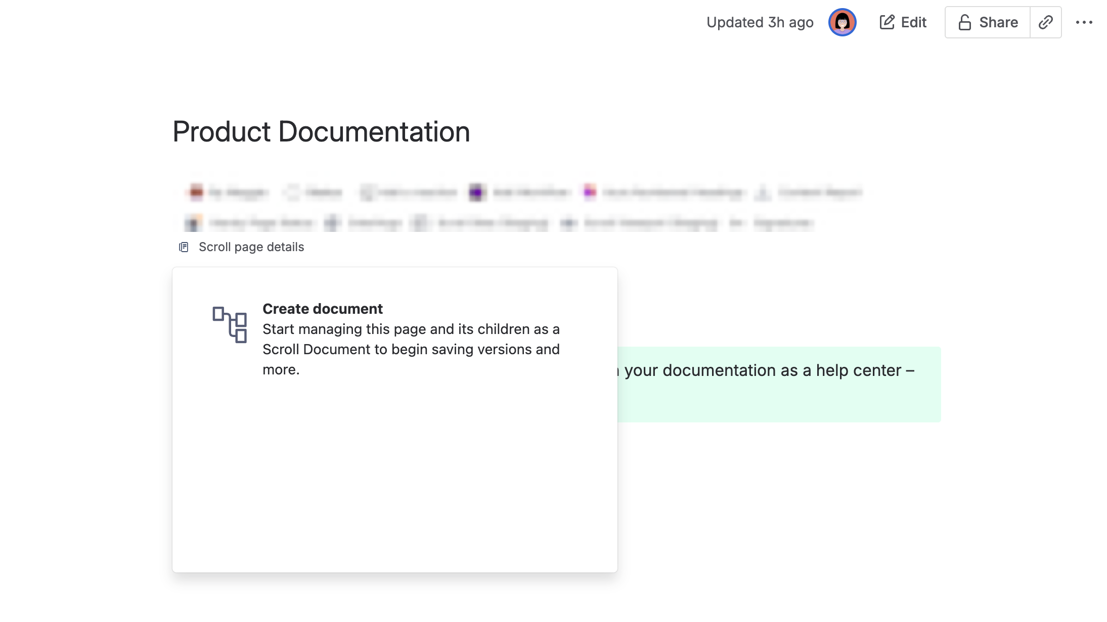 Scroll page details expanded with Create document button selectable.