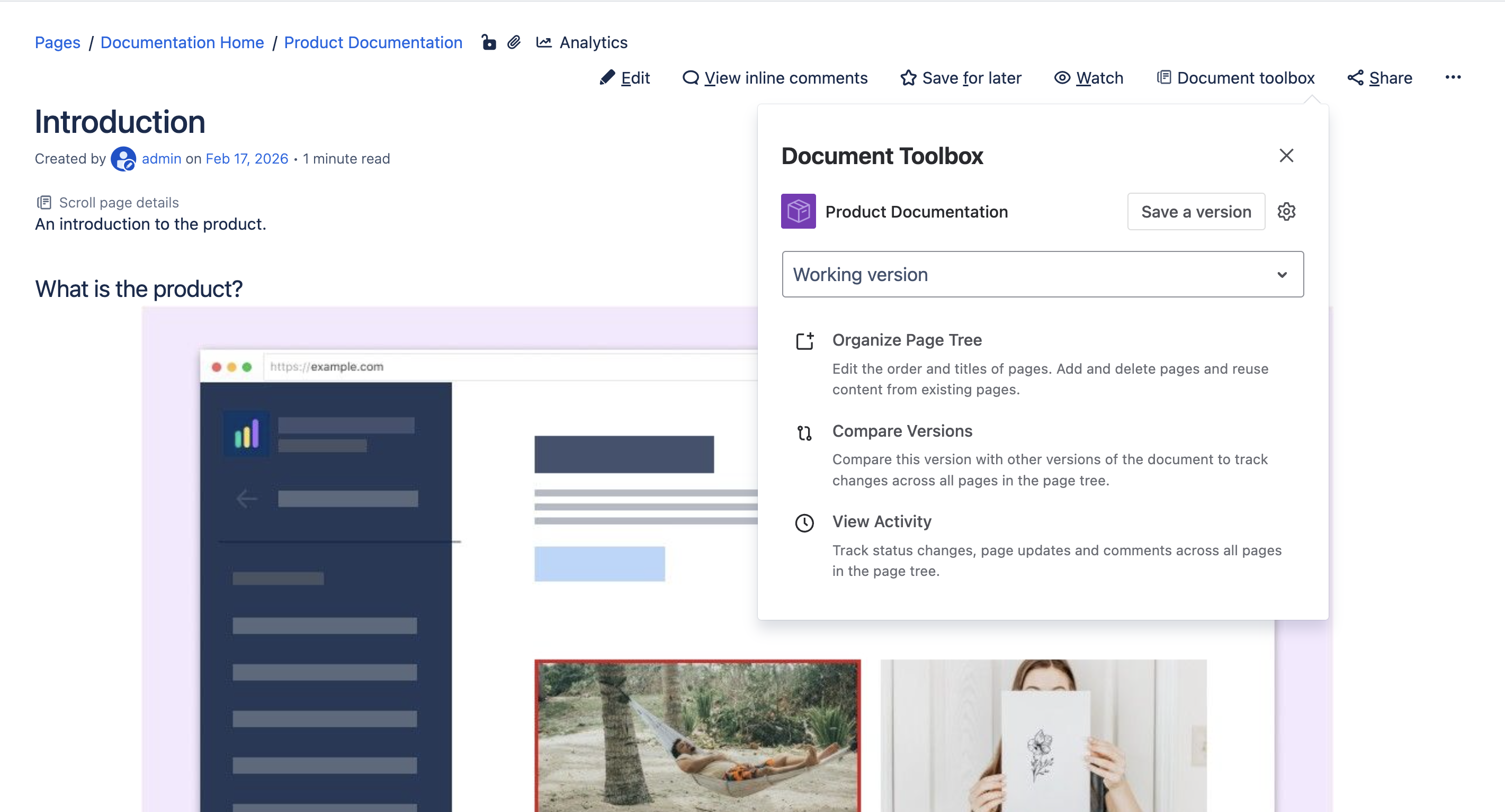 Document toolbox with the version picker set to Working version, showing options to save a version, organize the page tree, compare versions, and view the activity log.