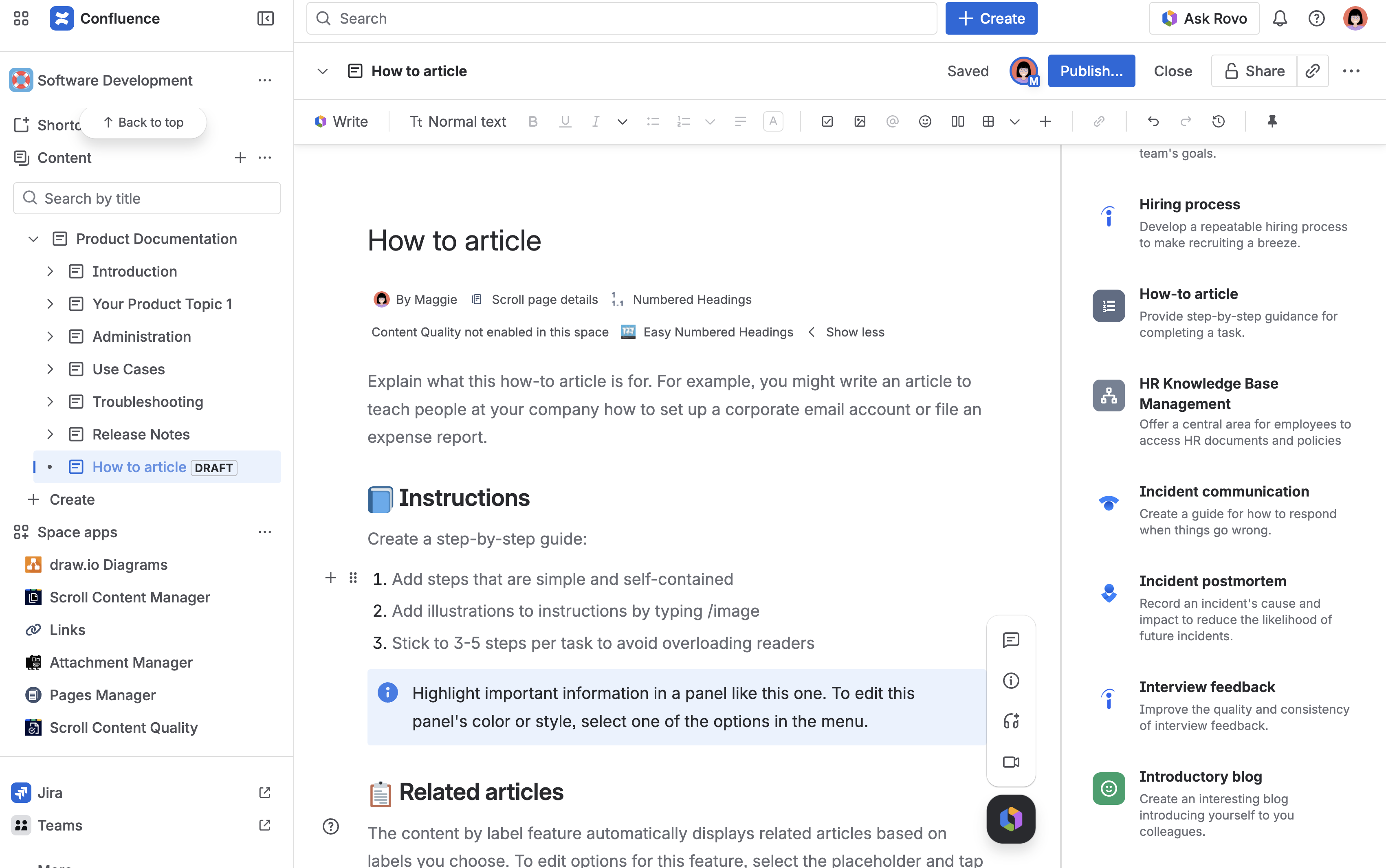 The How-to article template has been applied to a new Confluence page, containing step-by-step instructions and a related articles placeholder.