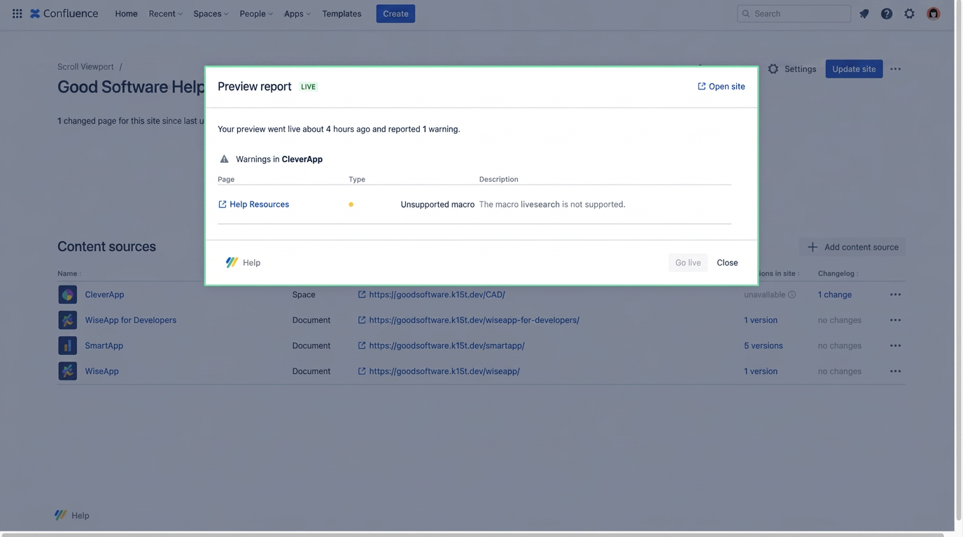 Preview report dialog on site details screen