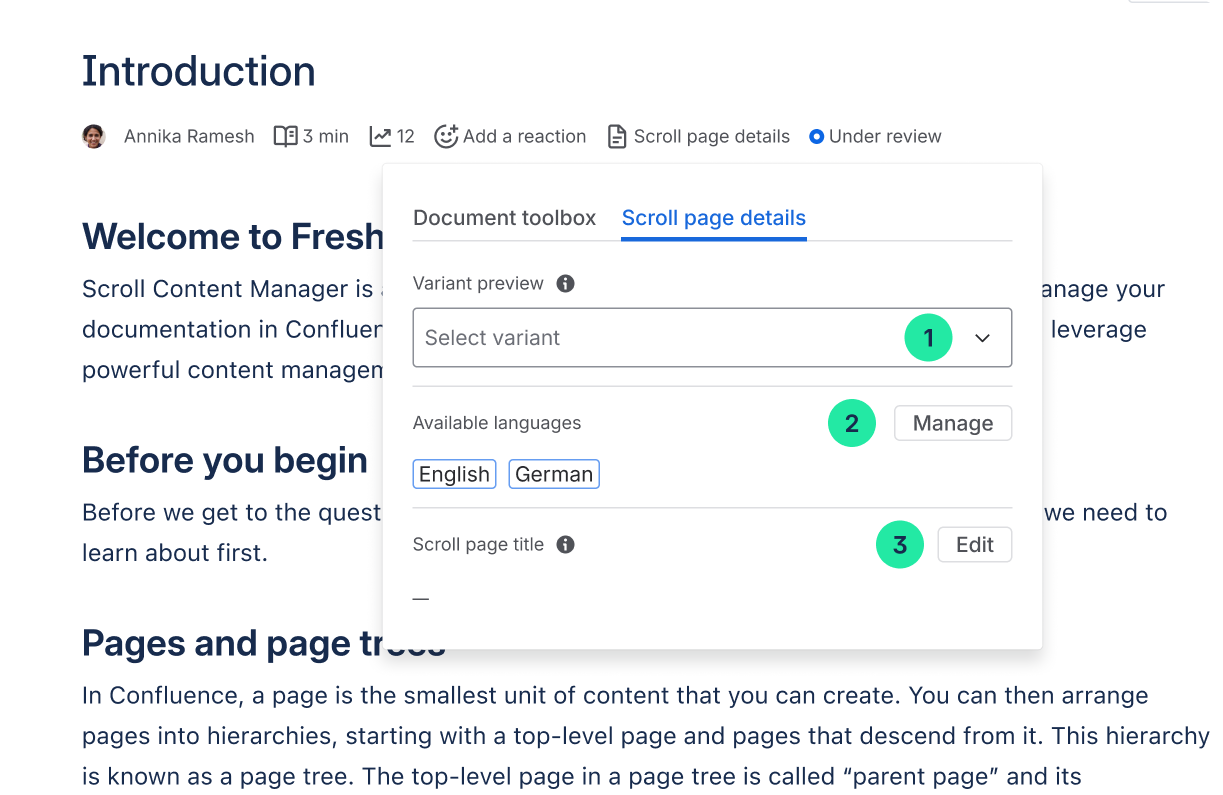 Scroll page details with callouts showing where to switch variants, manage languages, and edit Scroll Page Titles.