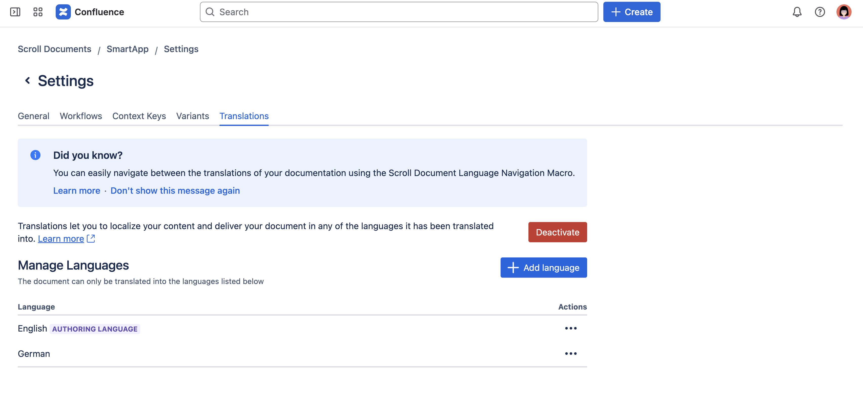Translations settings in Scroll Documents
