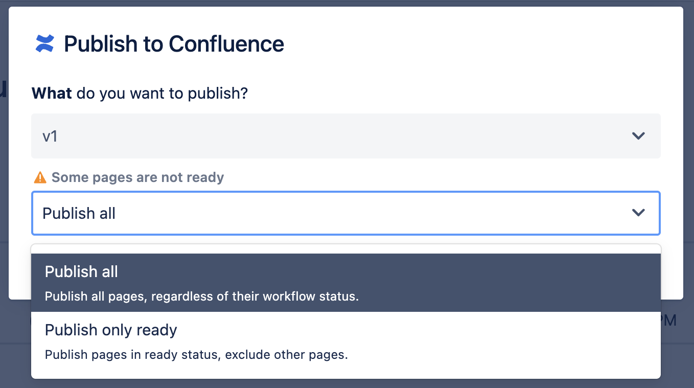 Publish dialog with options to copy all pages regardless of workflow status, use the latest approved version as a fallback, or exclude pages not present in a previous version.