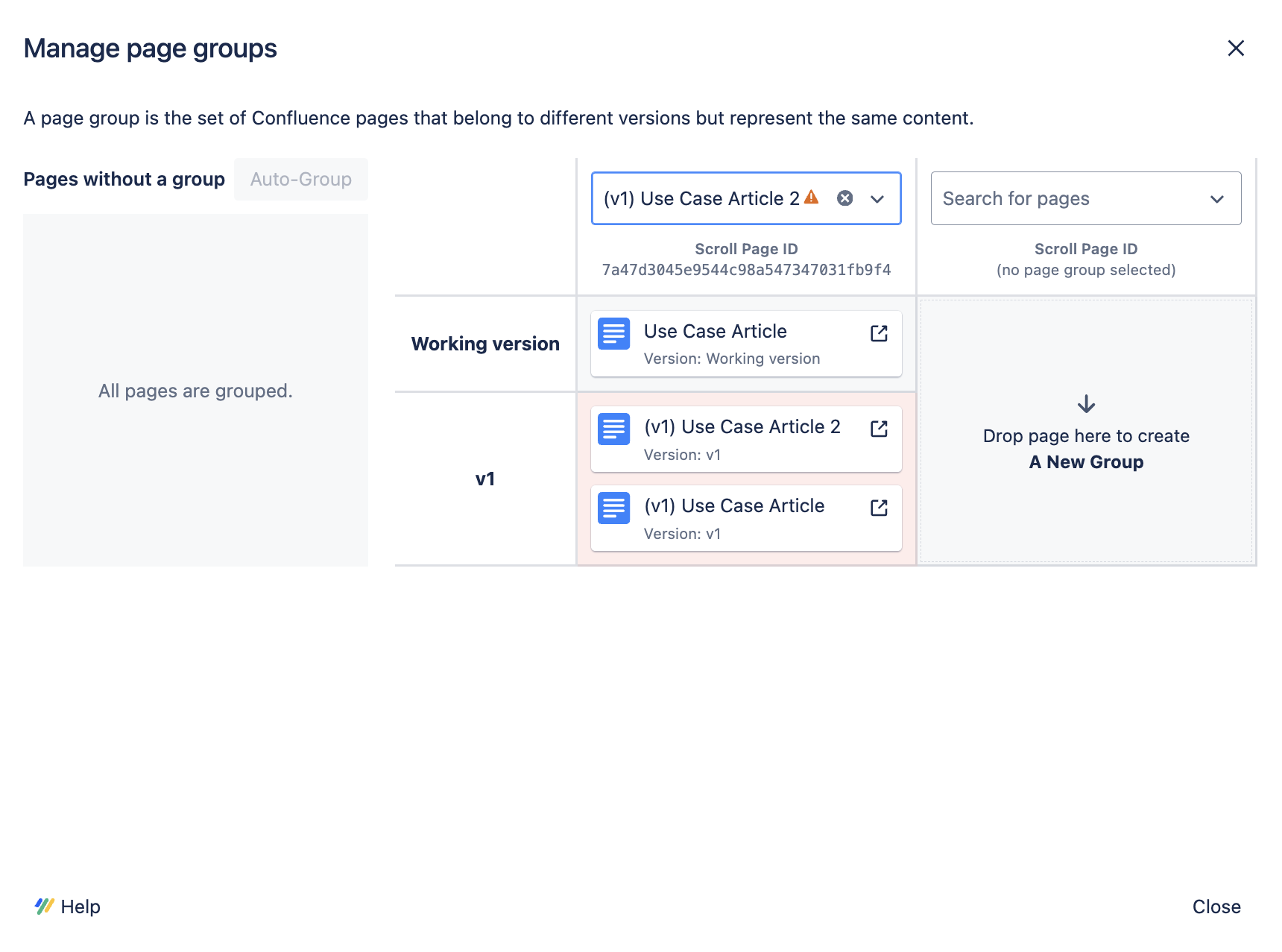 Two pages with duplicate Scroll Page IDs appearing in the same version in the Page Group Manager