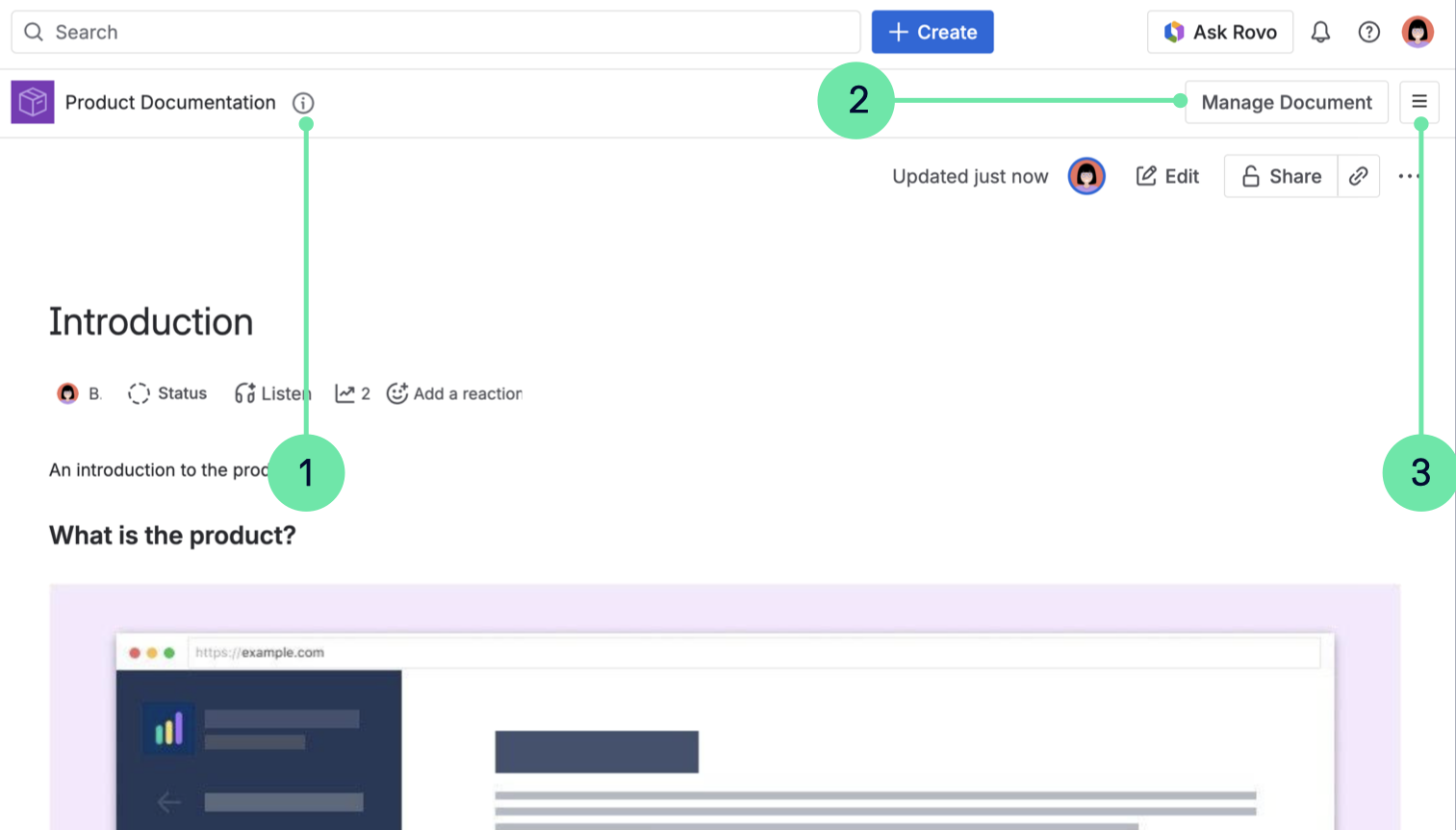 Navigational callouts to the new toolbar, user can see document name, navigate to Document Manager, and reach action items like Organize page tree, Compare versions, and View activity.