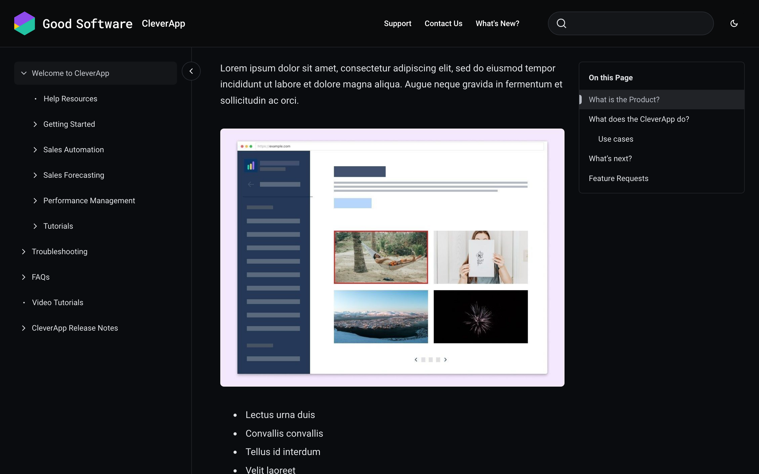 Dark mode help center site with color mode picker