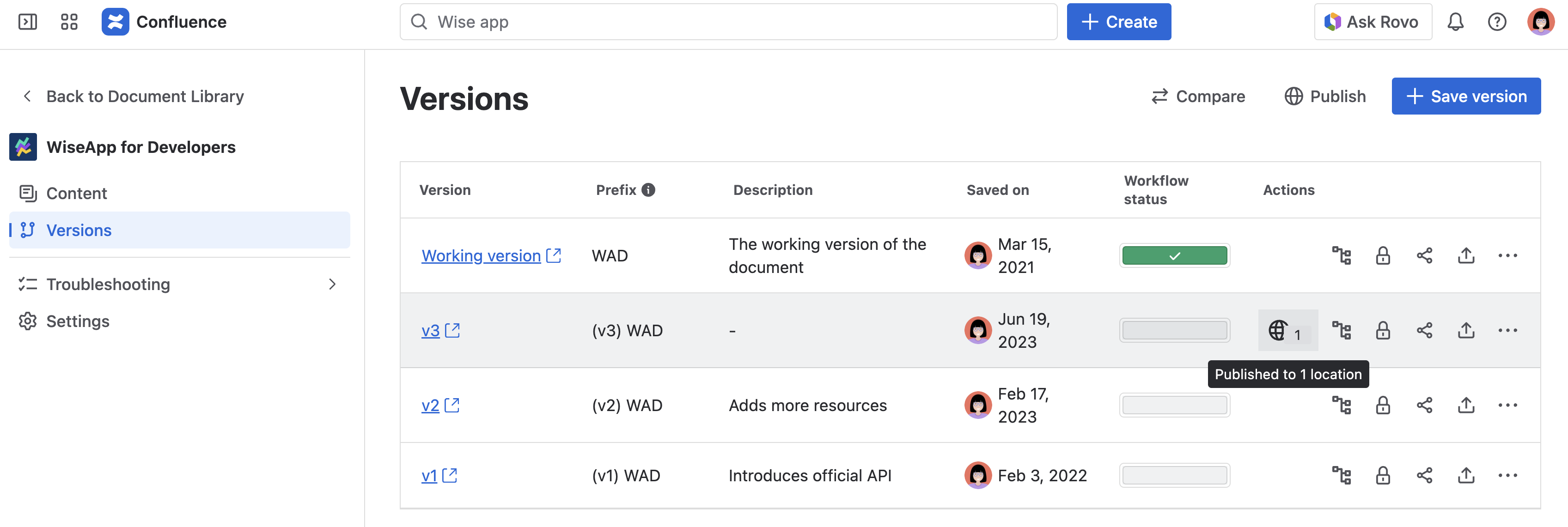 Document manager with Published location overview selected