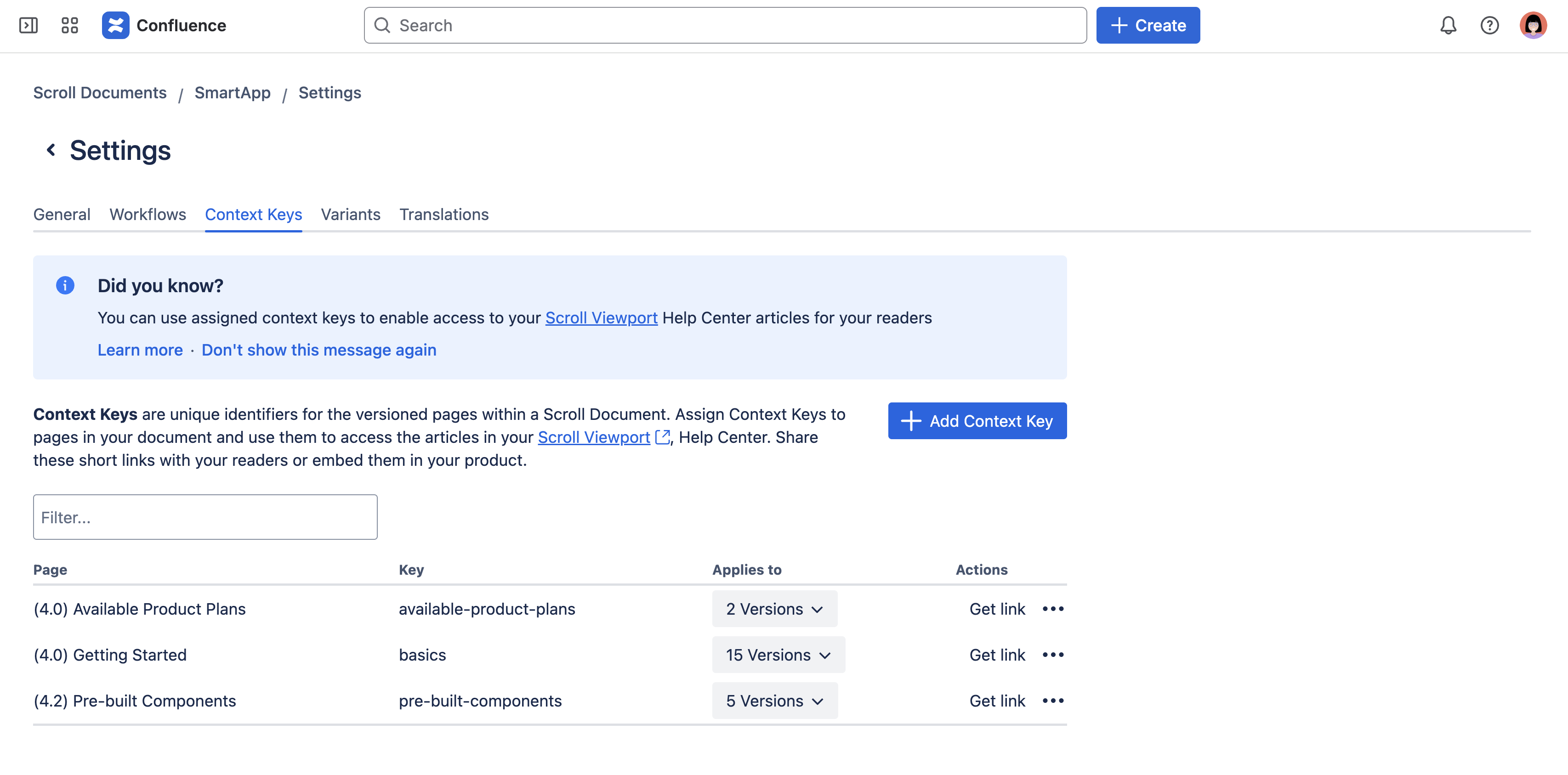 Context Keys settings in Scroll Documents