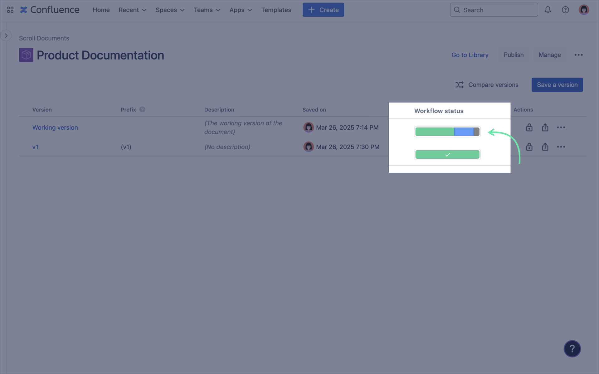 Workflow status bar showing progress of pages in the Working version