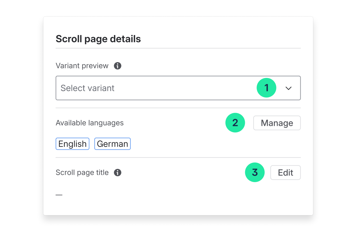 Scroll page details with callouts showing where to switch variants, manage languages, and edit Scroll Page Titles.
