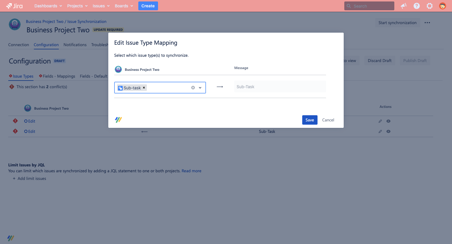 Edit the issue type mapping on secondary side