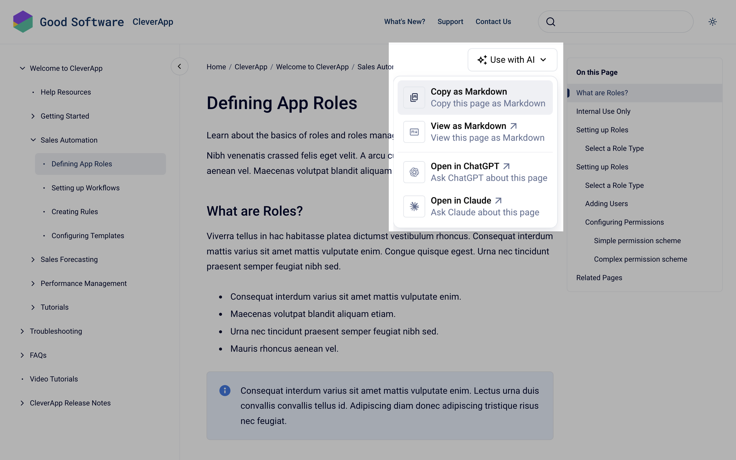 Help Center Article page showing the expanded 'Use with AI' menu