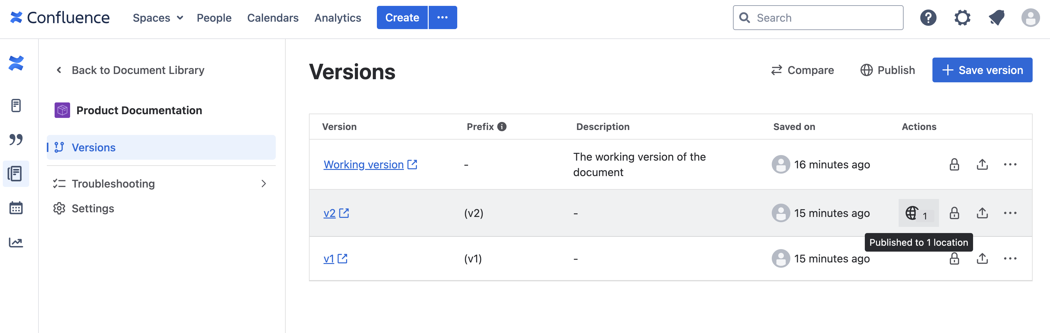 Document manager with Published locations overview selected