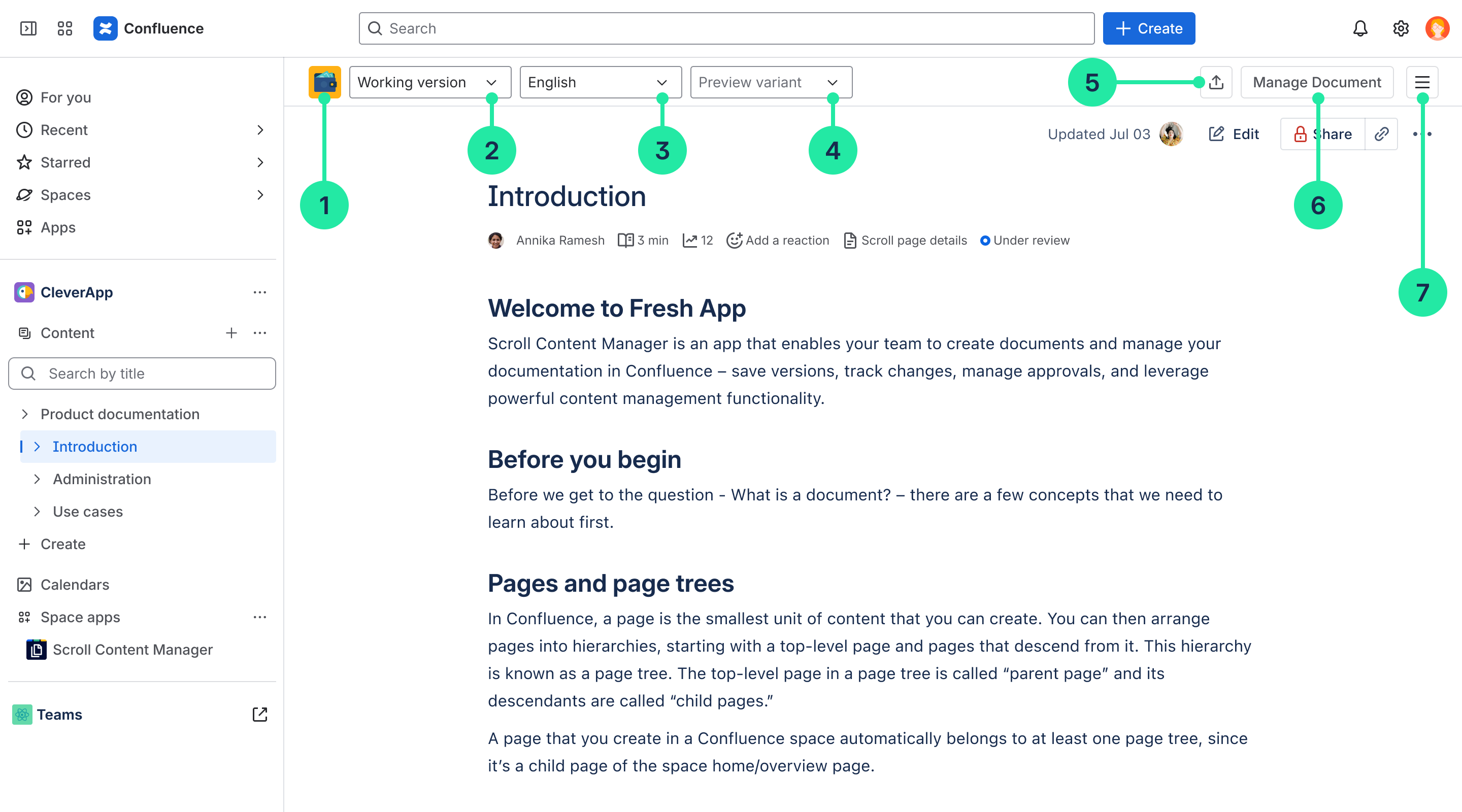 Scroll Content Manager toolbar with callouts showing how to switch versions, translations, and variants, access the Document Manager, and reach version-specific actions.