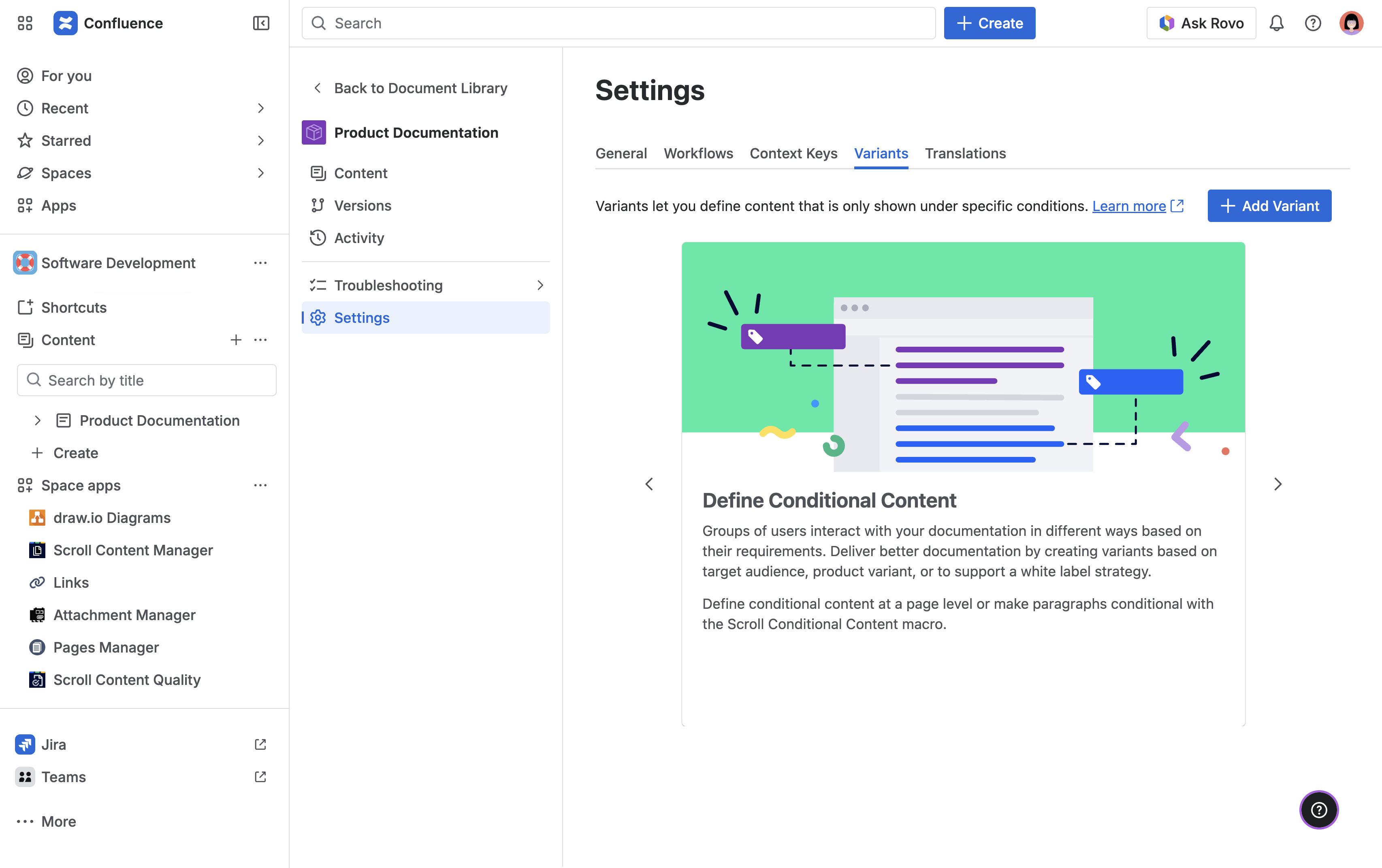 Variant settings, featuring the option to add a variant.