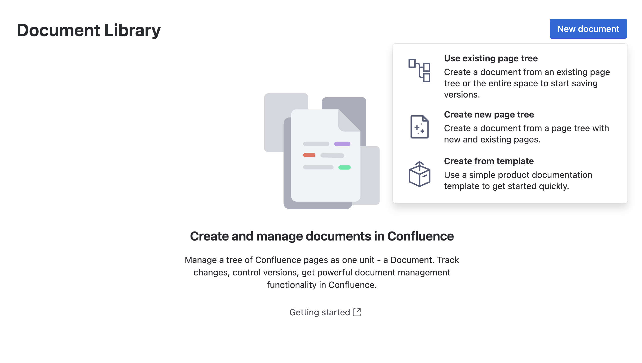 Document Library screen showing options to create a new document using an existing page tree, a new page tree, or a template.