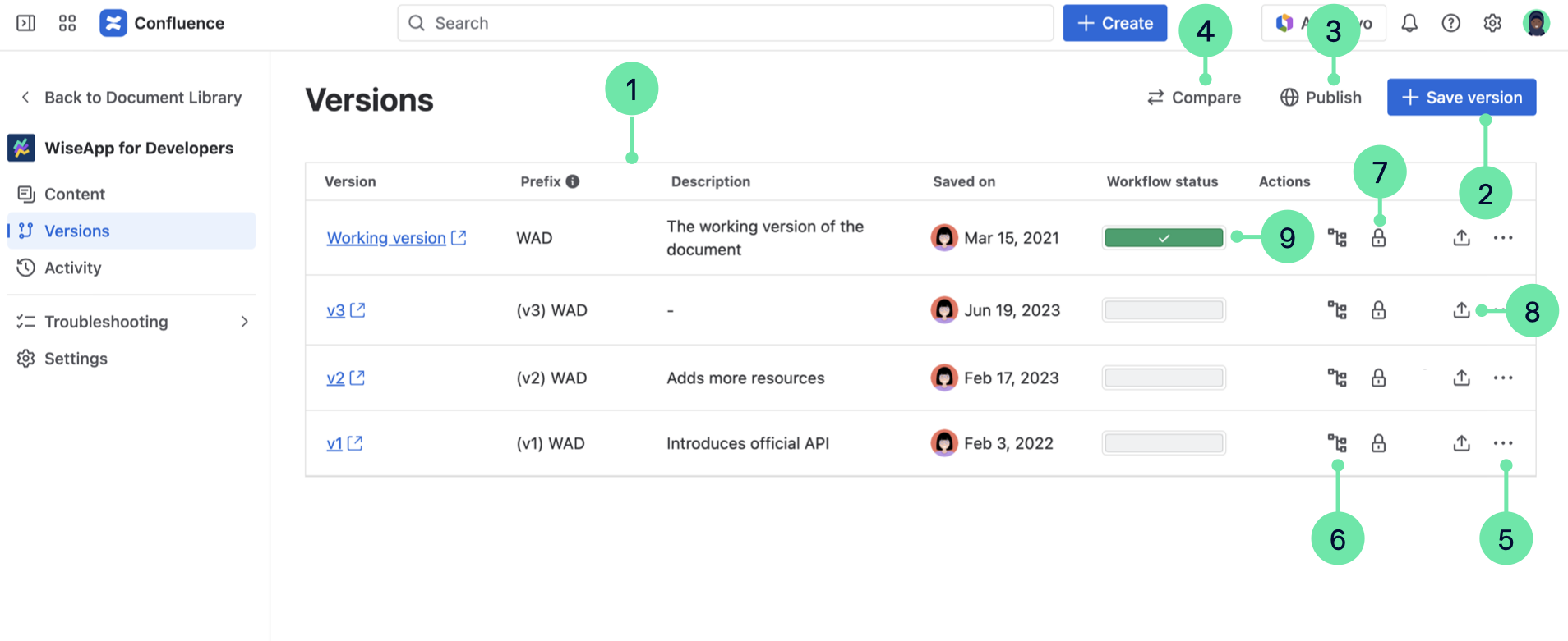 Version list overview with callouts for app features on Cloud