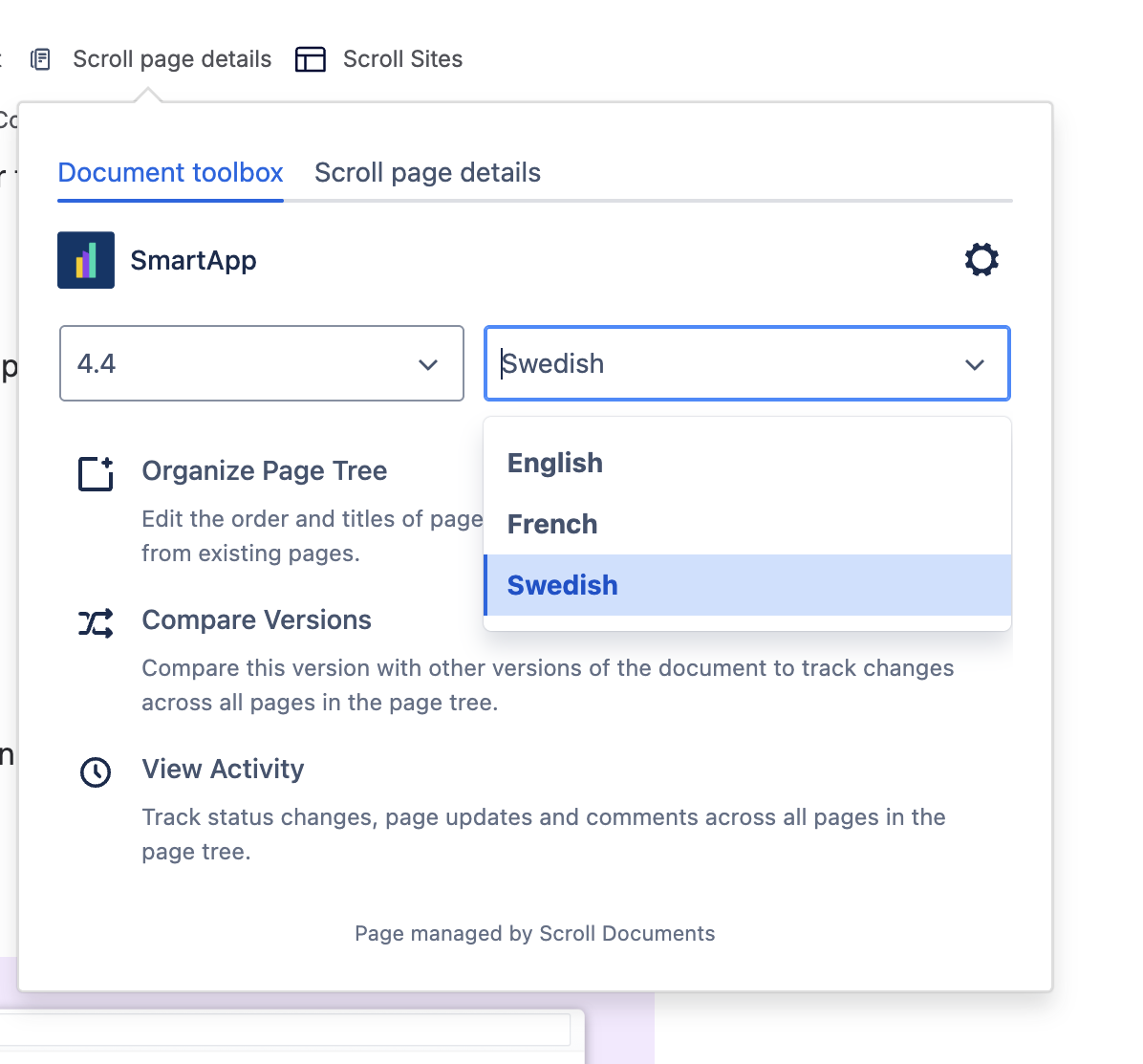 Document toolbox with language picker expanded