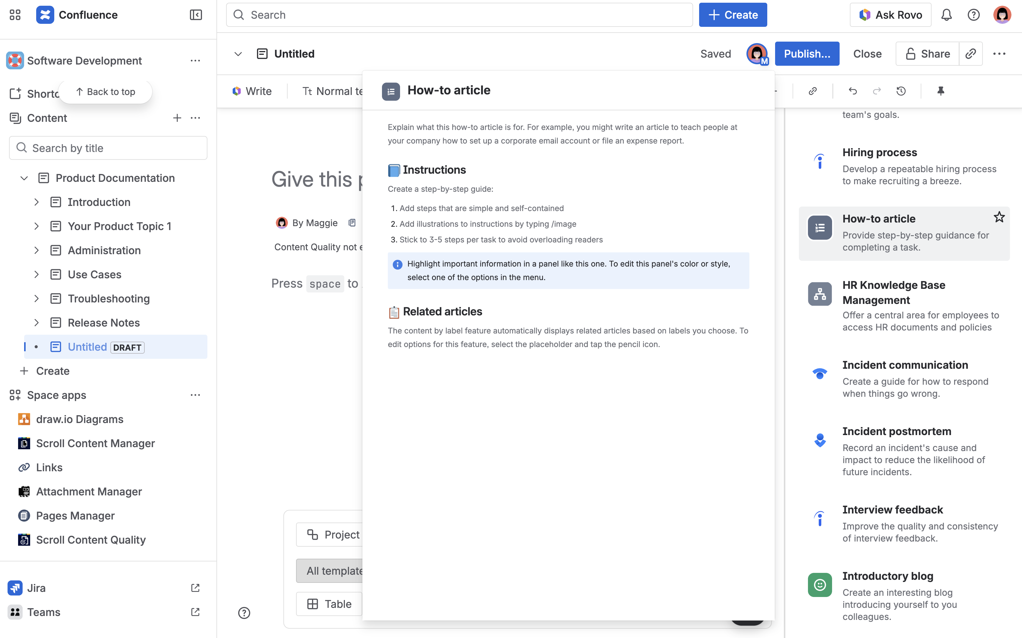 Confluence page editor showing the How-to article template selected, with placeholder content and the template configuration sidebar visible.