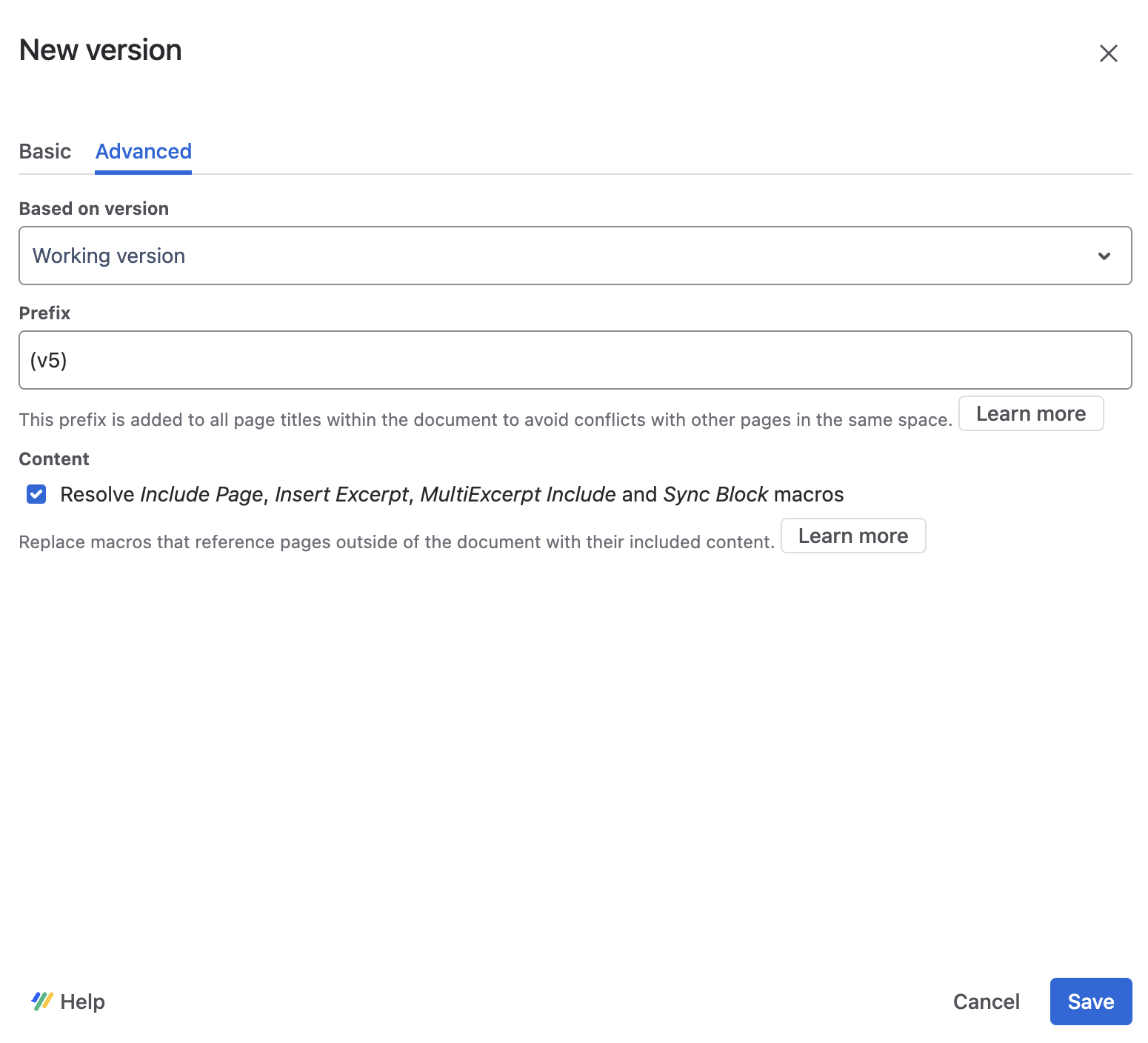 Save Version dialog with the Resolve Include Page, Insert Excerpt, MultiExcerpt Include, and Sync Block macro options selected.