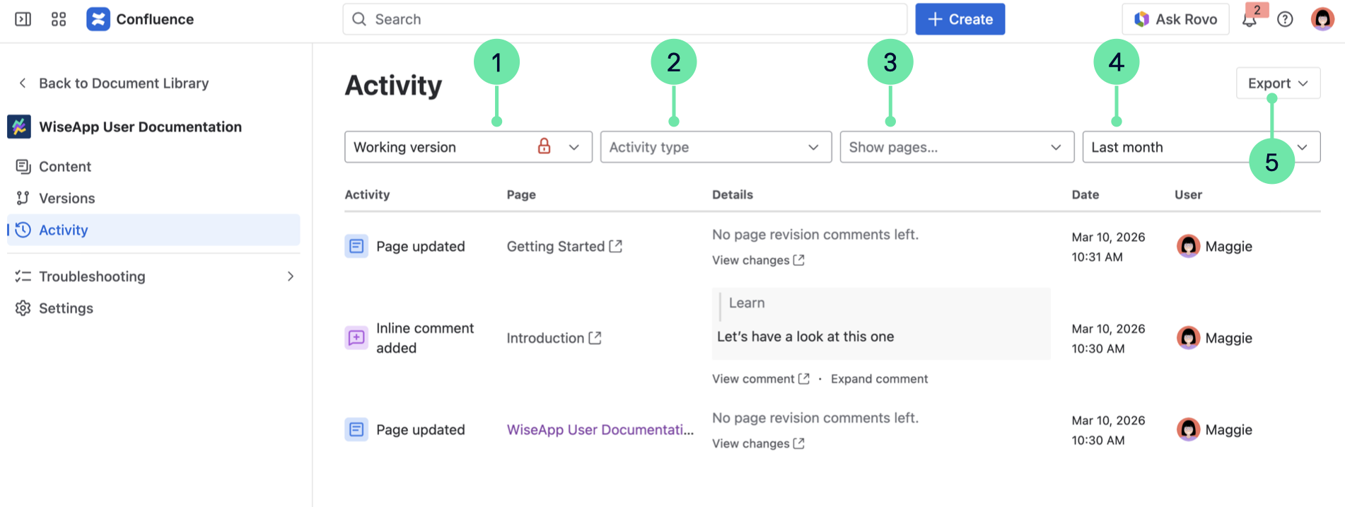 Activity log with callouts to it's features