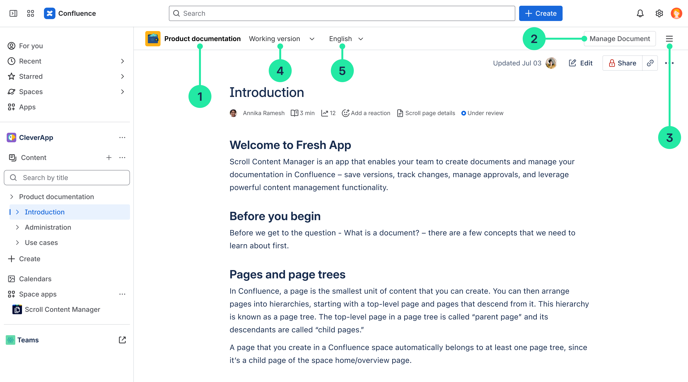 Toolbar featuring version and language pickers, with navigation to the Document Manager and version-related actions.