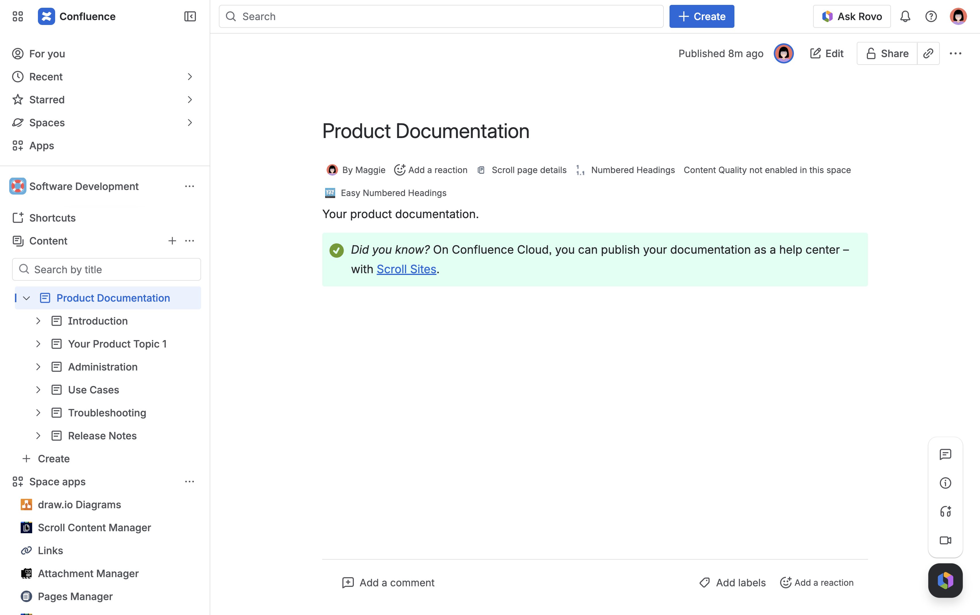 Product documentation article in the Confluence page view, containing a tips panel with some dummy text