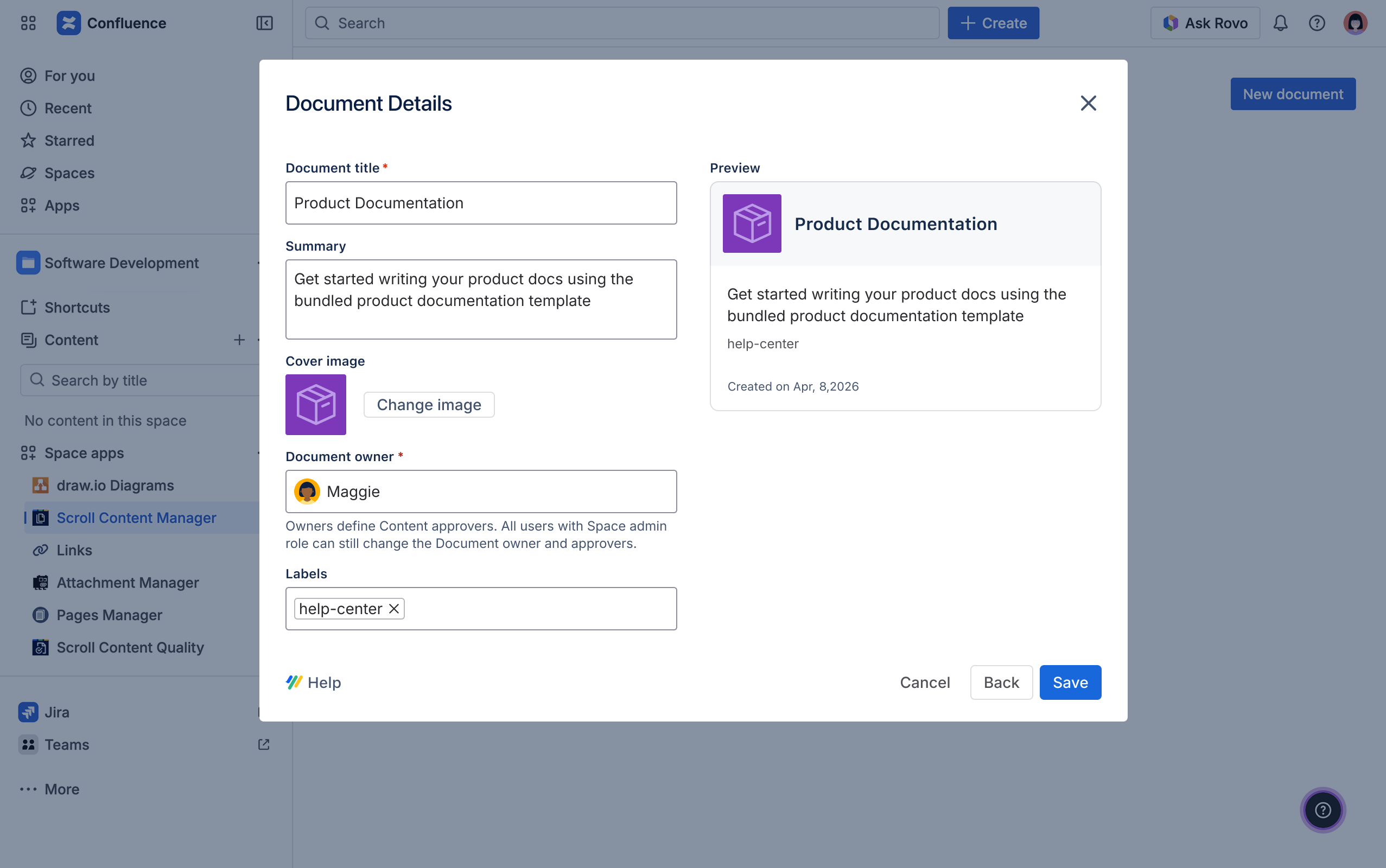 Document details dialog, showing input fields for metadata including the document title, summary, and document owner.