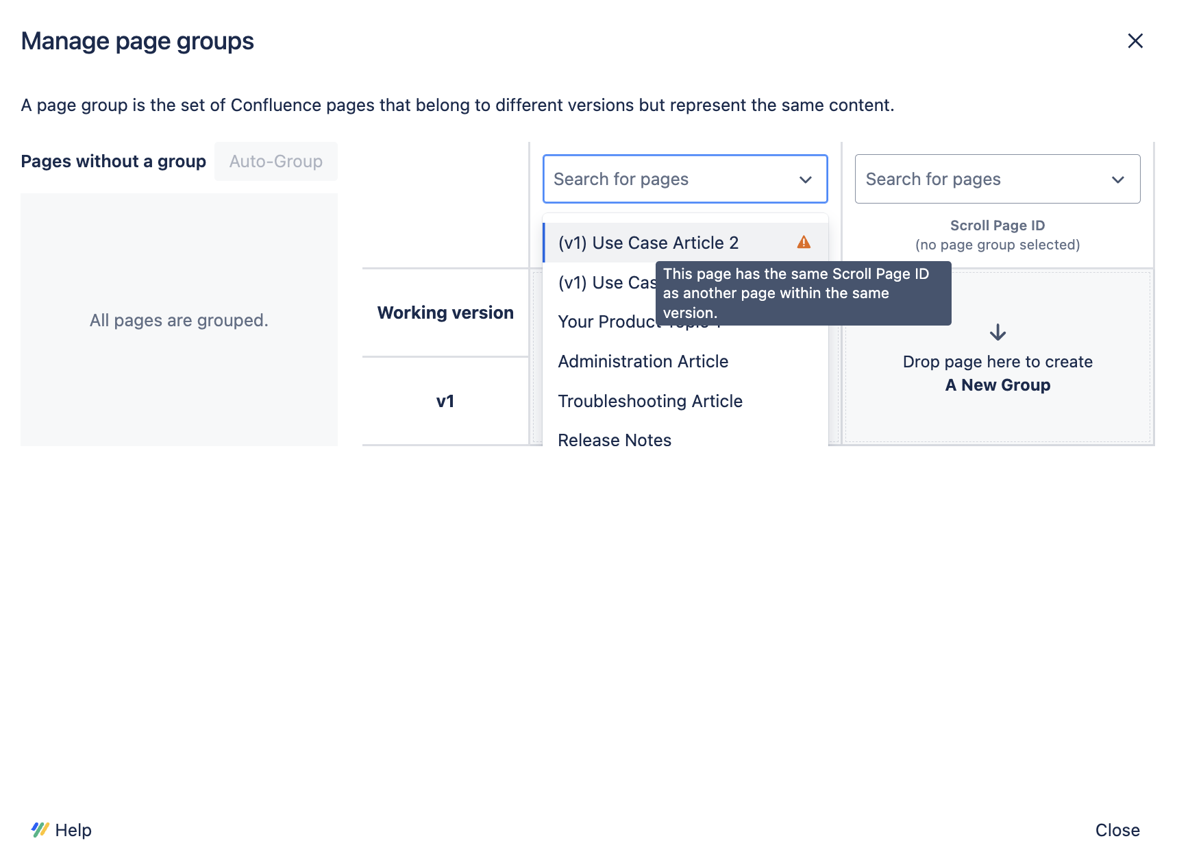 Two use case articles are reported to have the same Scroll Page ID within a version.