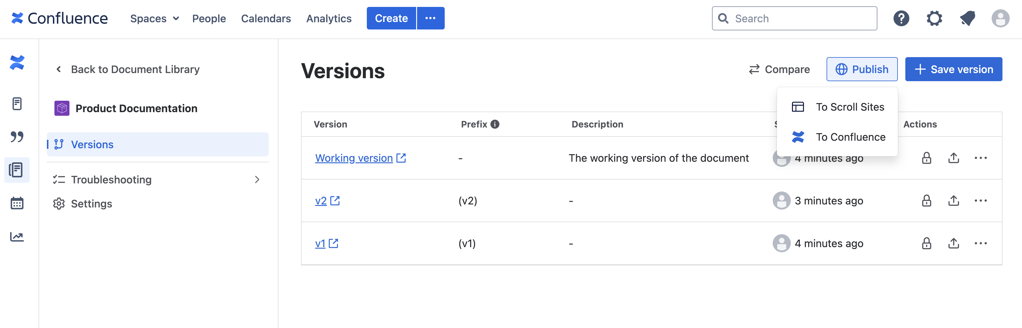 Document manager with publishing options showing, publish to Scroll Sites or to Confluence