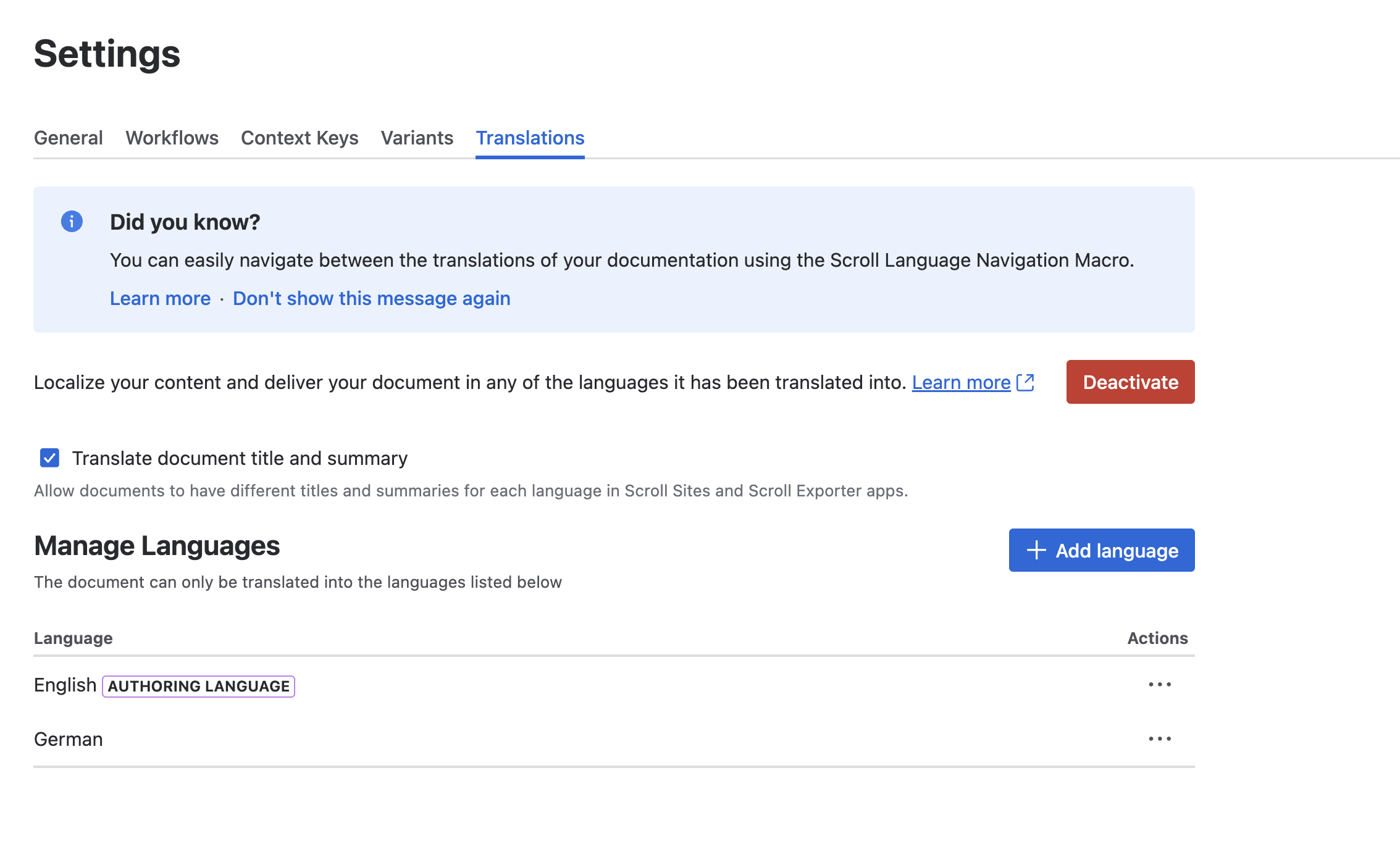 Translation settings screen showing options to add or delete languages, deactivate all translations, or enable metadata translation. Two languages are configured, English as the authoring language and German as the secondary language.