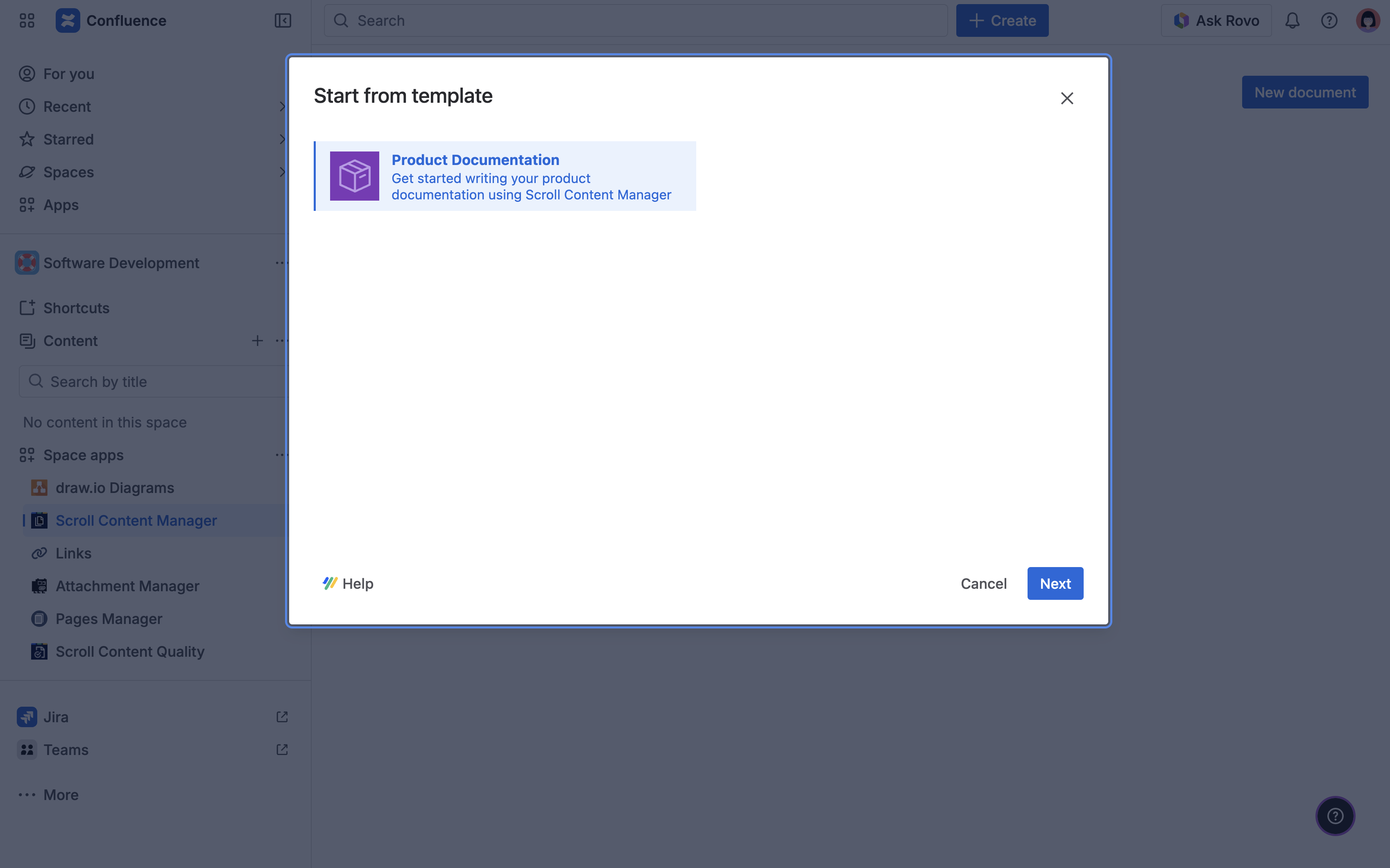 Product Documentation template selected as document template