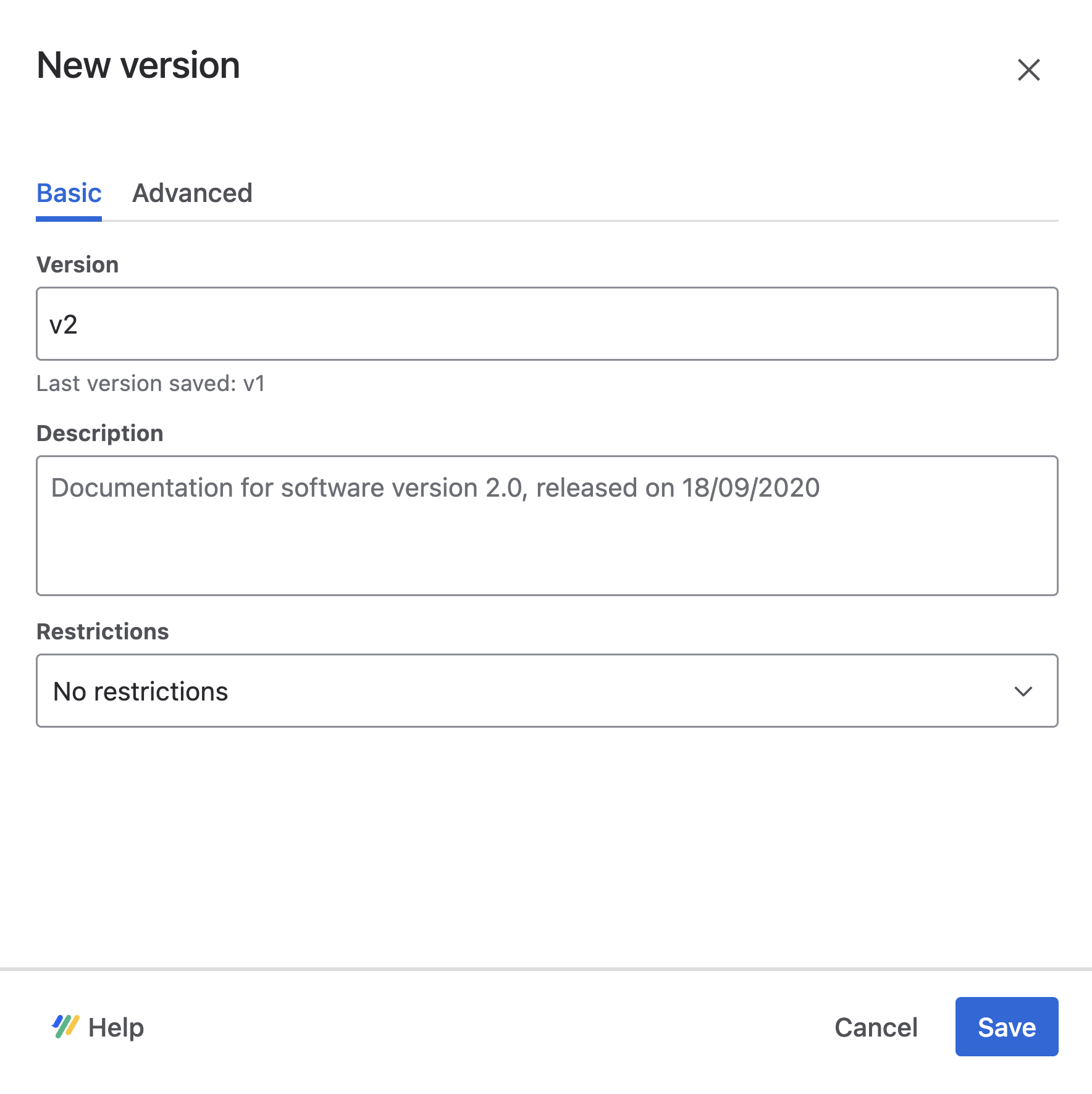 New version dialog, with input fields for version name and description, along with an option to configure version-level restrictions.