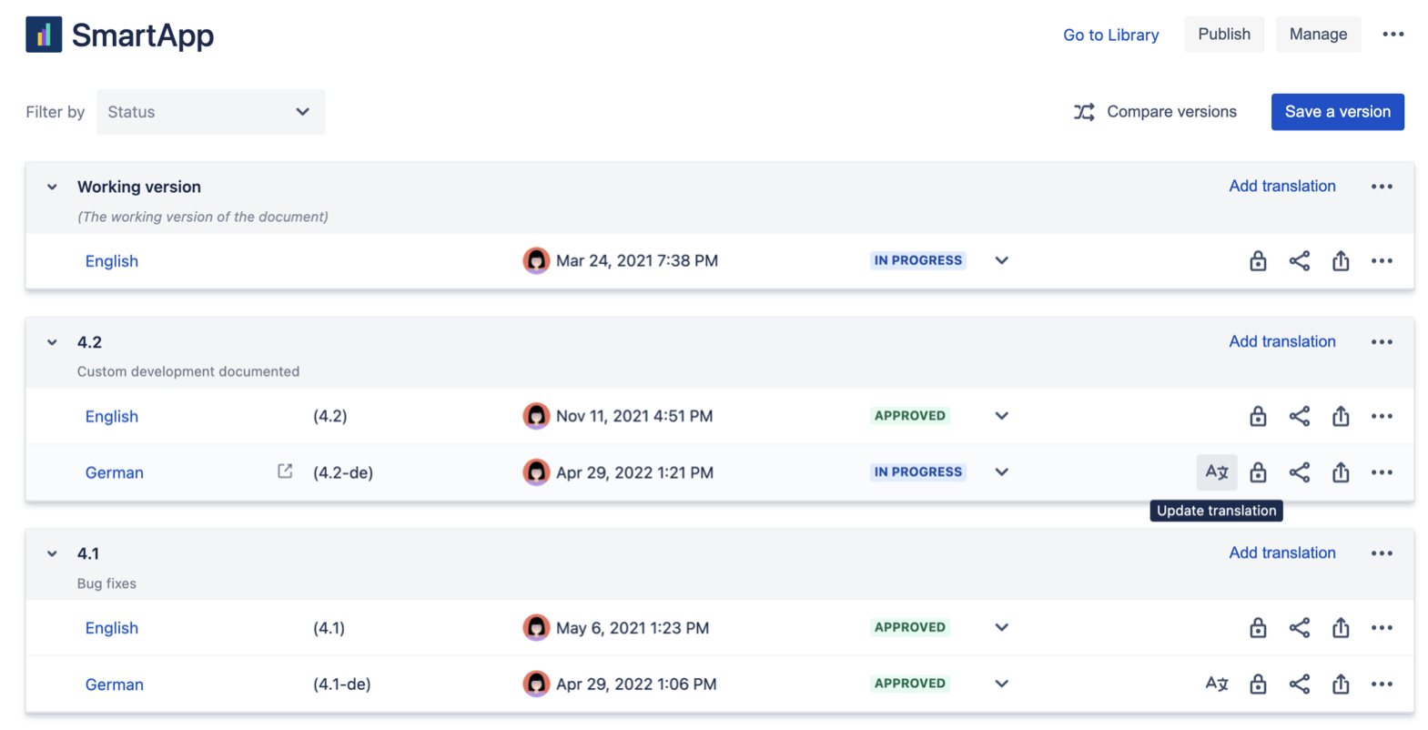 Update translation option selected for German language in version 4.2