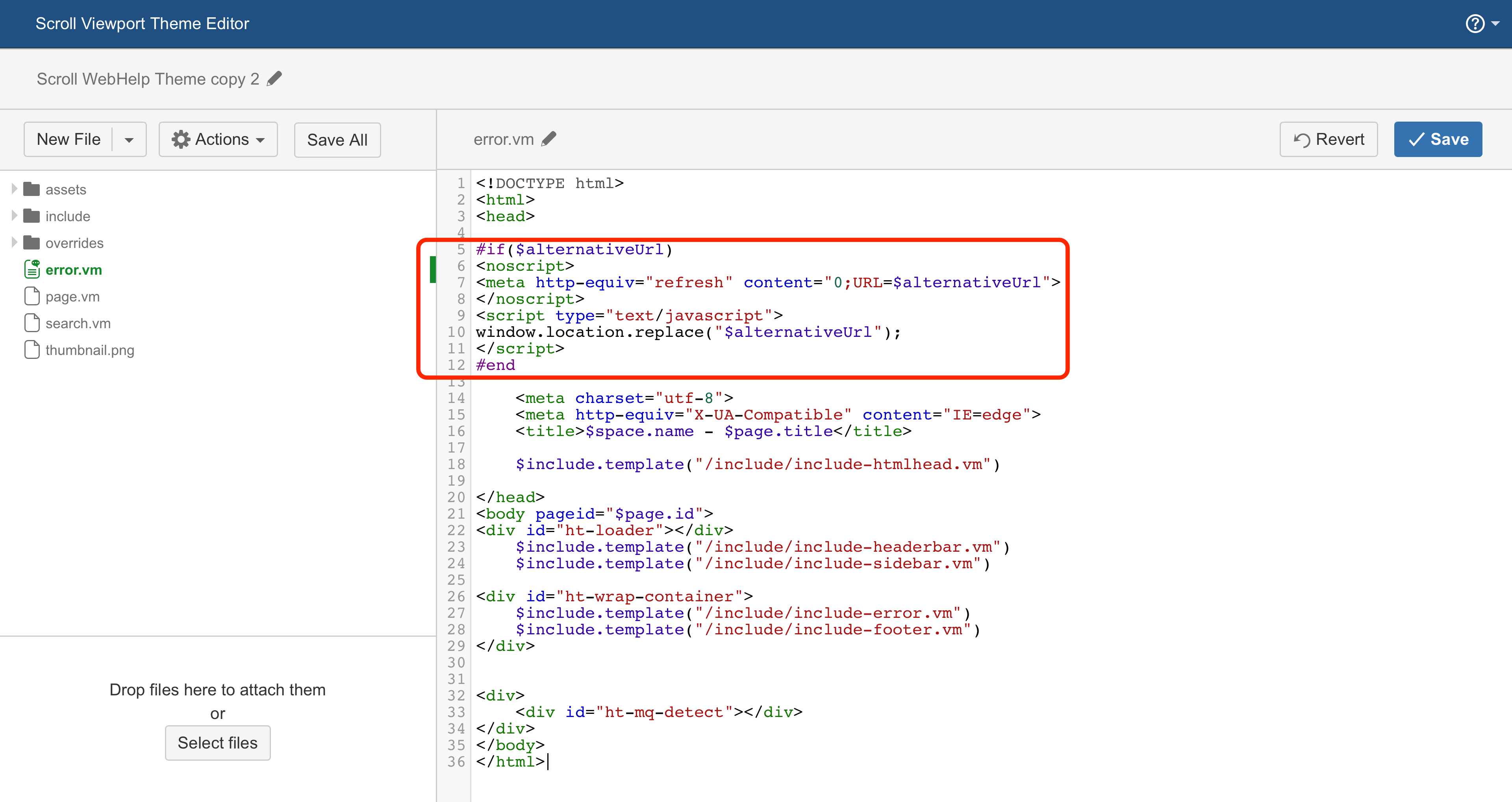 adding snippet code to error.vm.png